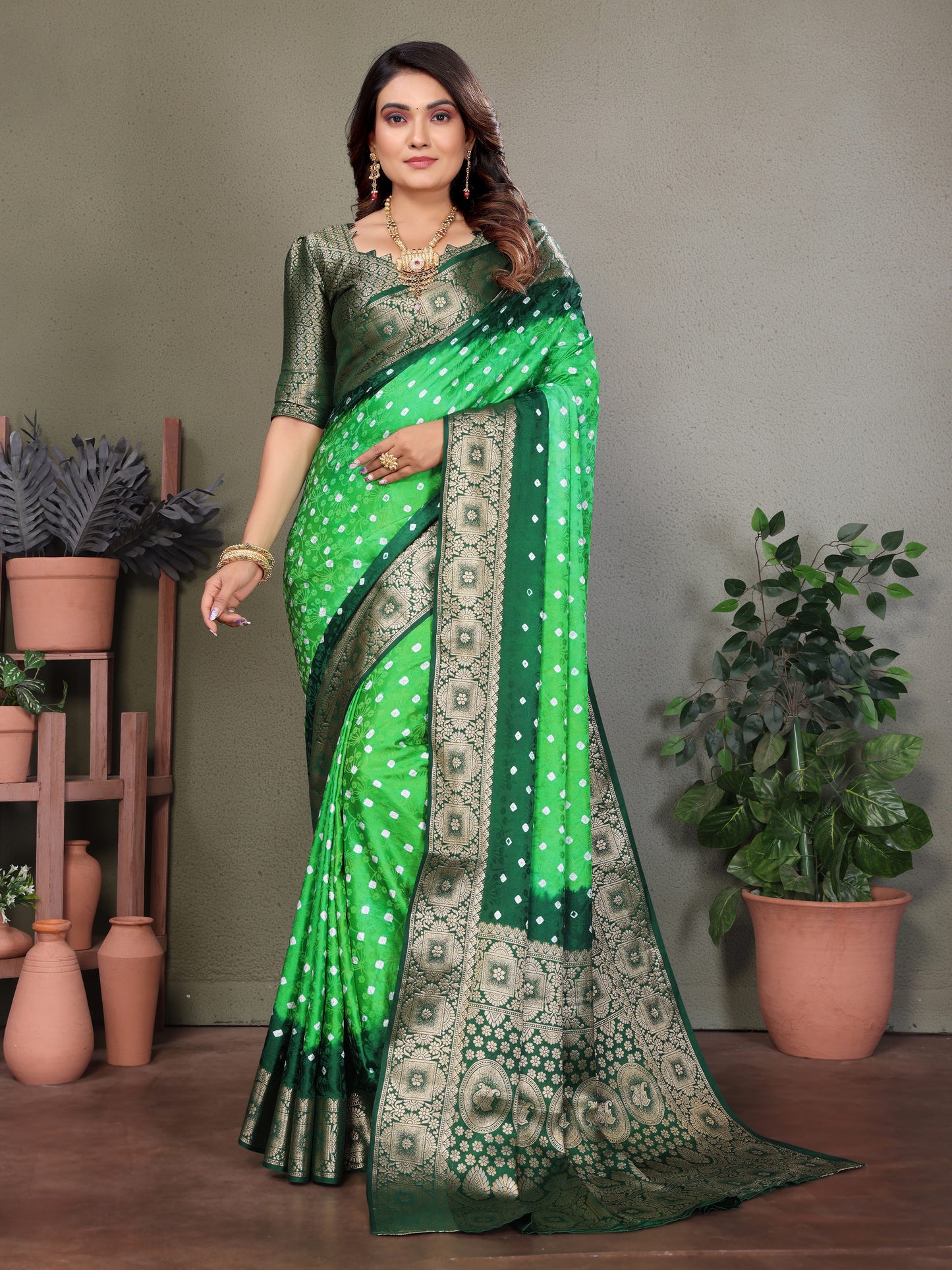 Light Green Satyavati Bandhej Satin Silk Saree Made By Original Bandhej With Zari Weaving Border