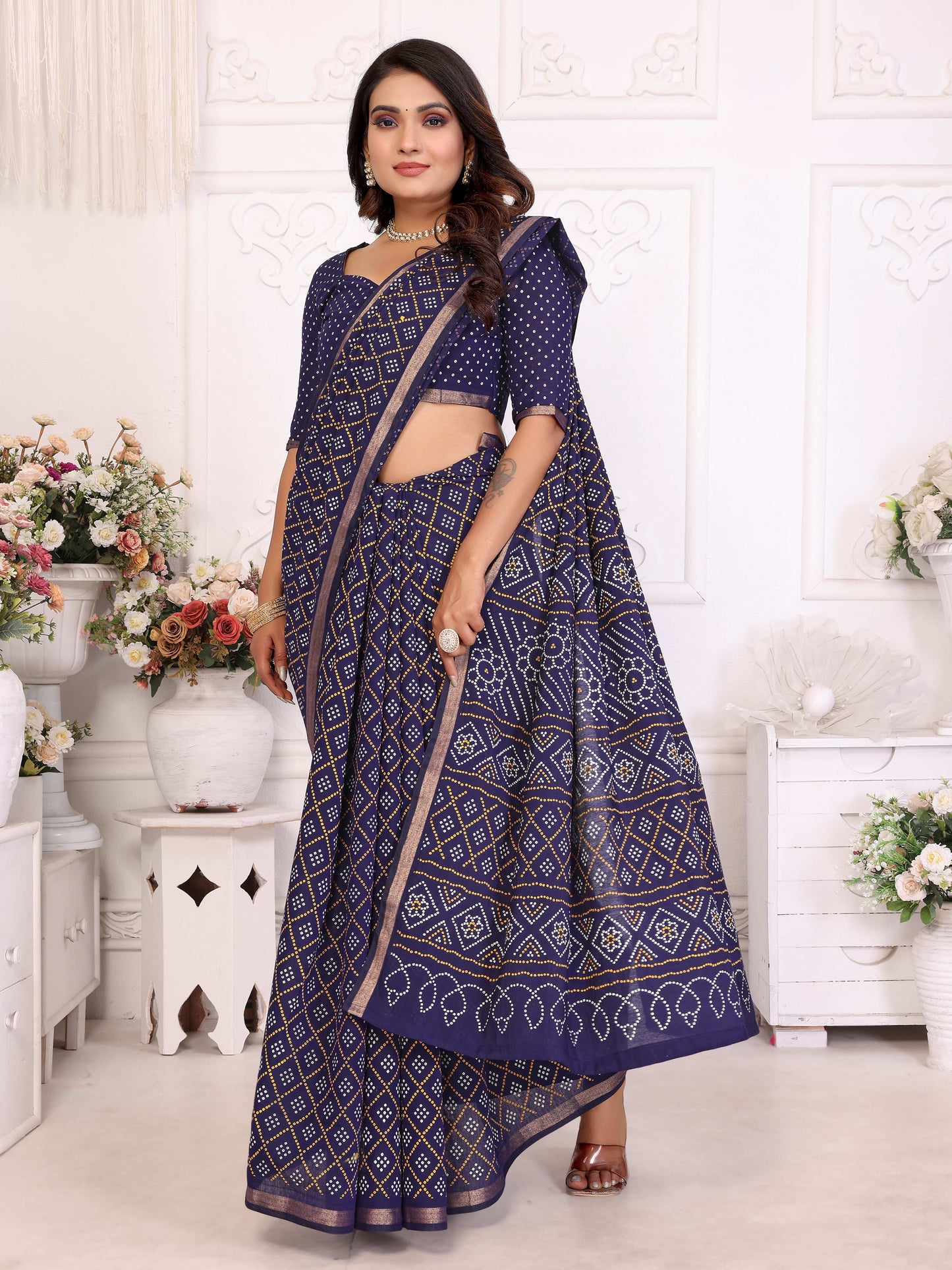 Navy blue Amba Pure Patola And Bandhej Pattern Soft Cotton Light Weight Saree