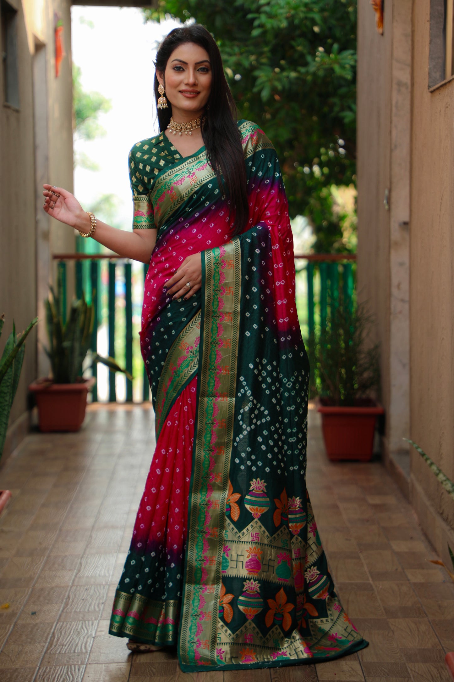 Pink Swastik Pure Bandhej Silk Saree With Minakari Border Kalash & Swastik Design Rich Pallu Saree