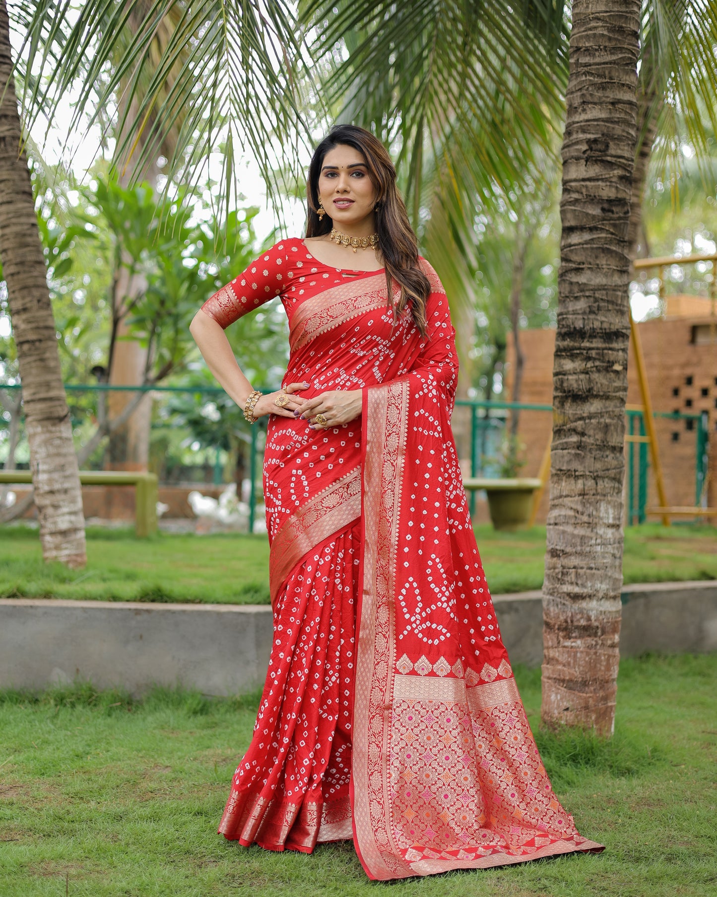 Red Padmavati Dola Soft Silk Bandhej Saree With All Over Handmade Bandhej With Jari Weaving Border