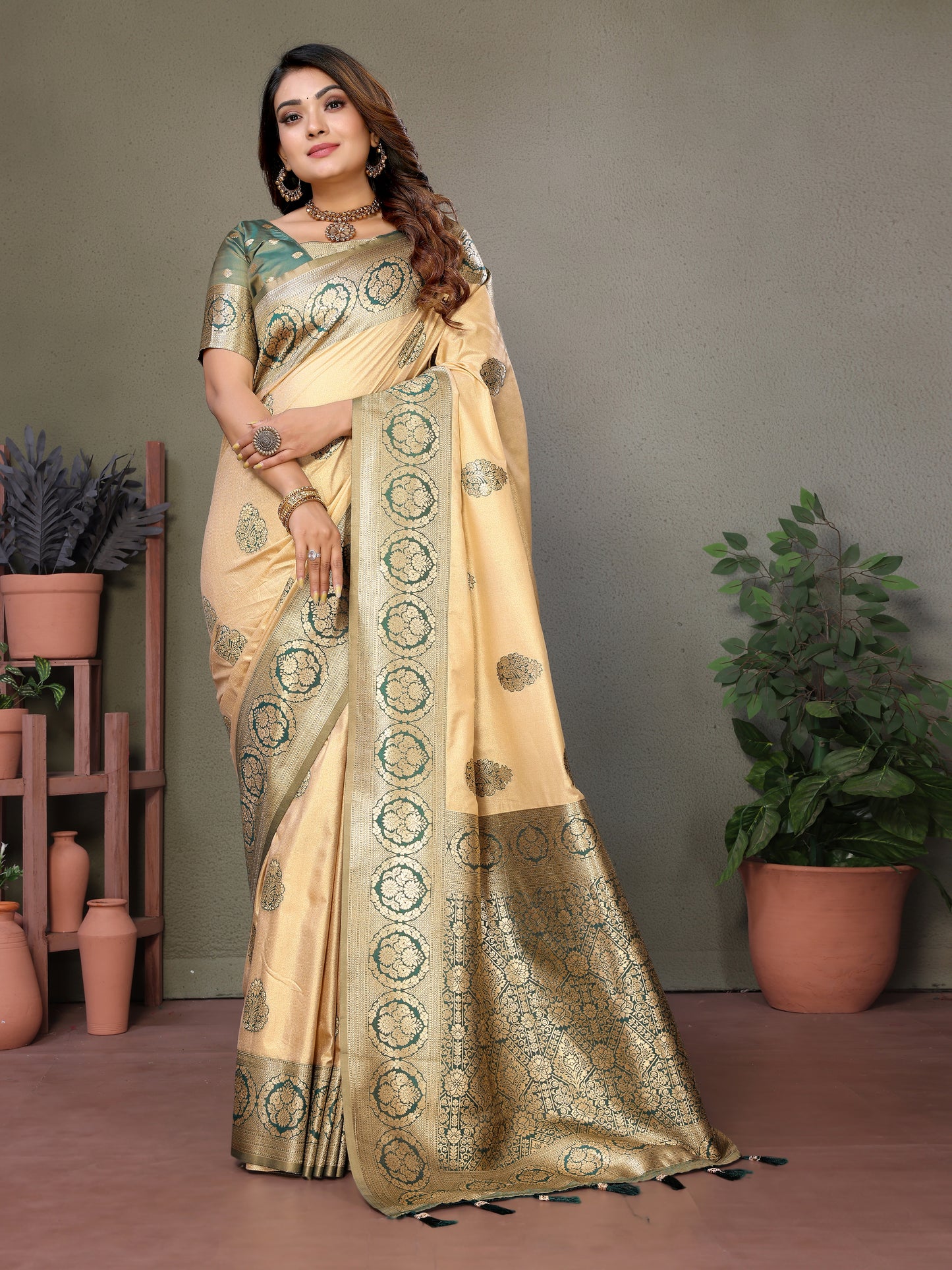 Beige Jugani Viscose Silky Sarees And weaving Butties with contrast border, Rich pallu