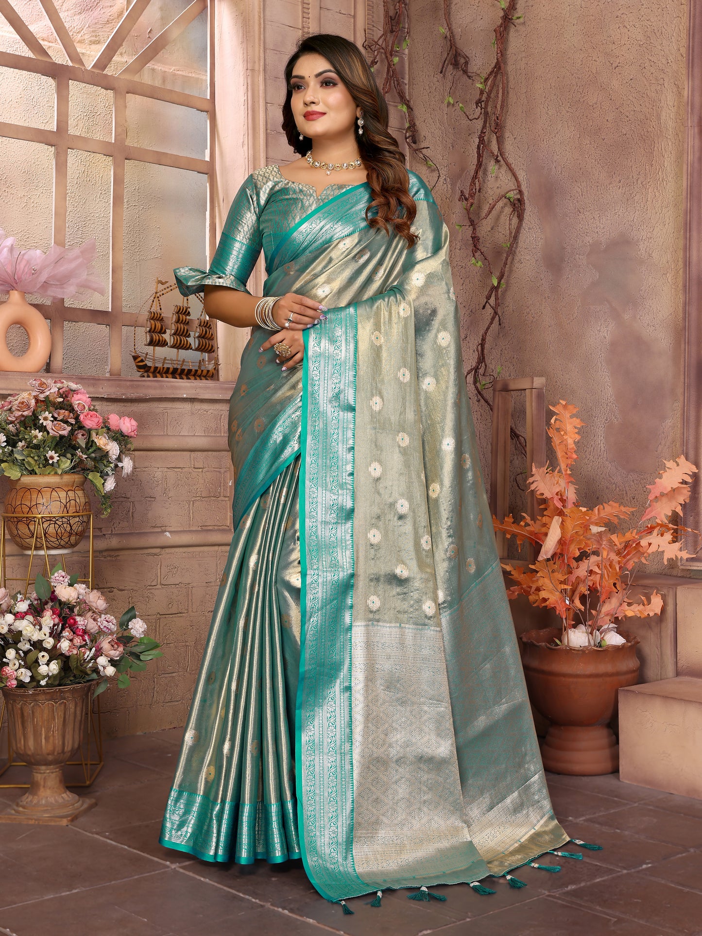 Rama Green Anita Handloom Tissue Silk Sarees with Zari Weaving Designs and Zari borders Rich Pallu