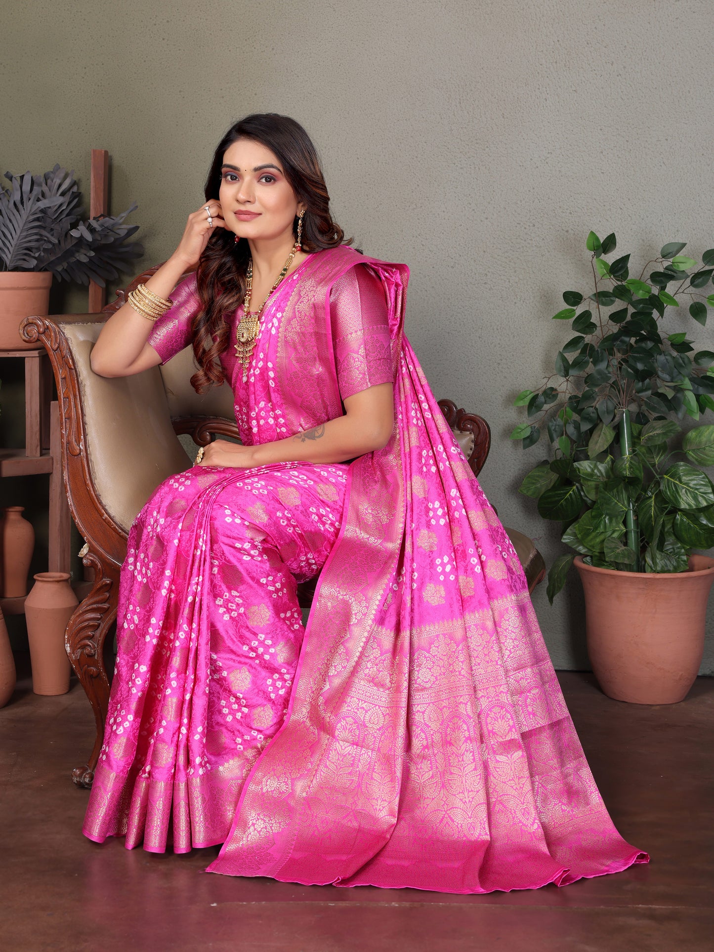 Pink Shakuntala Bandhej Silk Saree With Zari Weaving Butta & Zari Rich Pallu With Beautiful Design & Broad Border