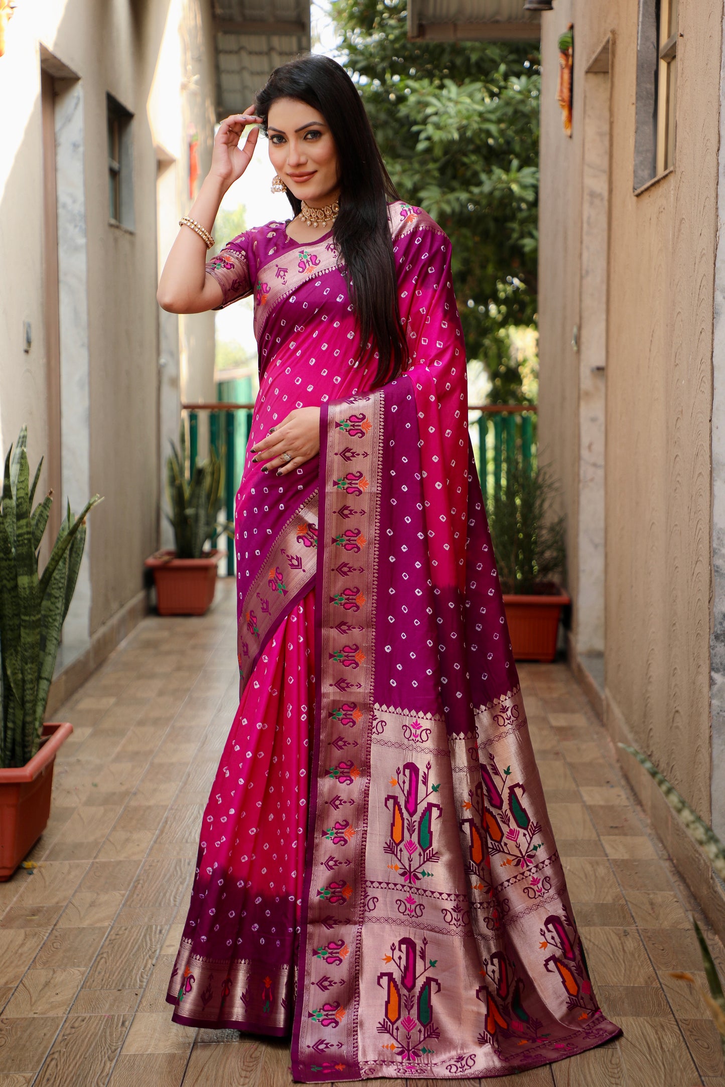 Pink Chandani Dola Soft Silk Bandhej Sarees Jari Paithani Weaving Border & Weaving Paithani Style Rich Pallu