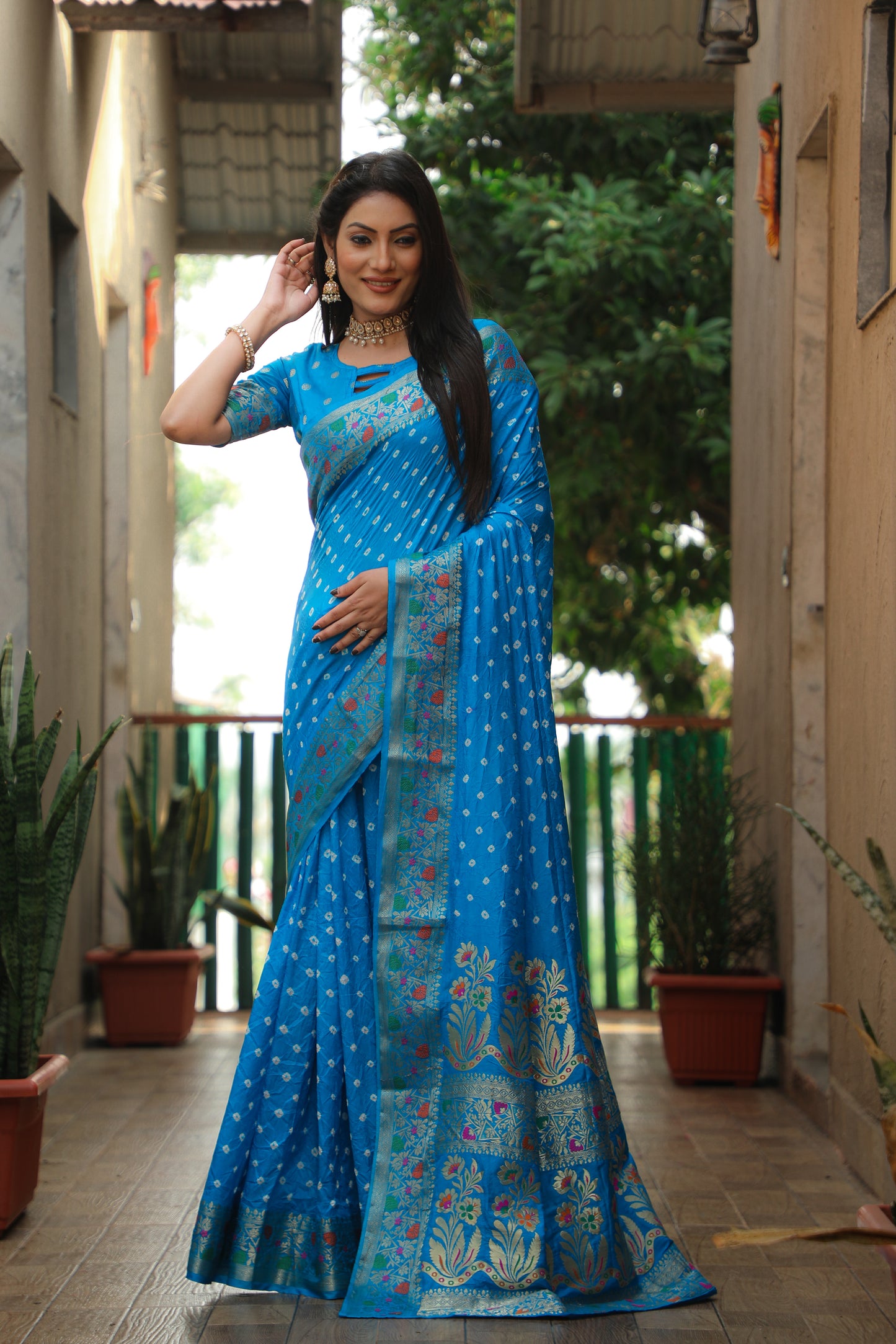 Sky Blue Nazakat Pure Bandhej Silk Saree With Patola Border Zari Weaving Paithani And Paithani Rich Pallu