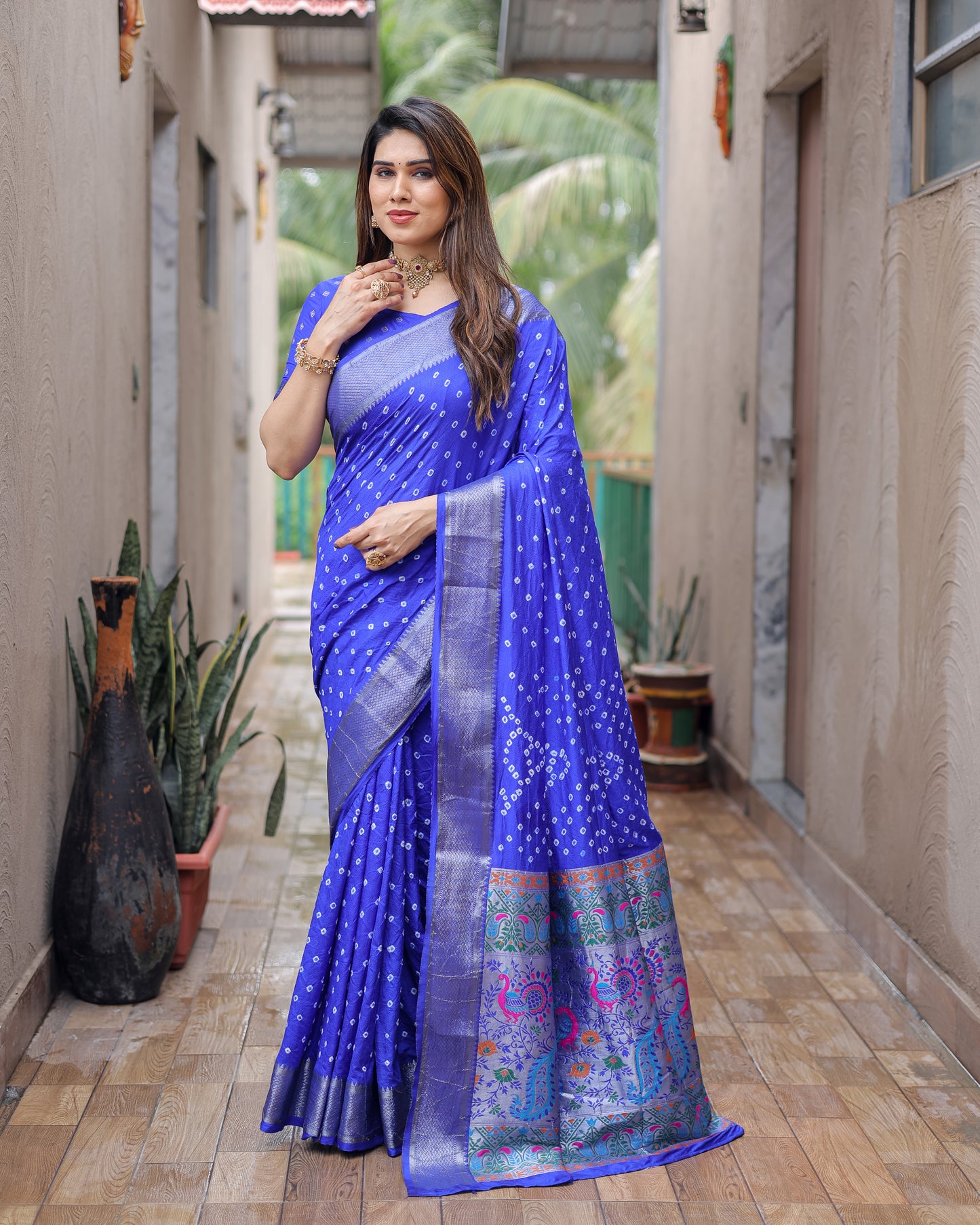 Blue Yashomati Dola Soft Silk Bandhej Sarees With Awesome Two Sides Jari Border & Paithani Style Rich Pallu