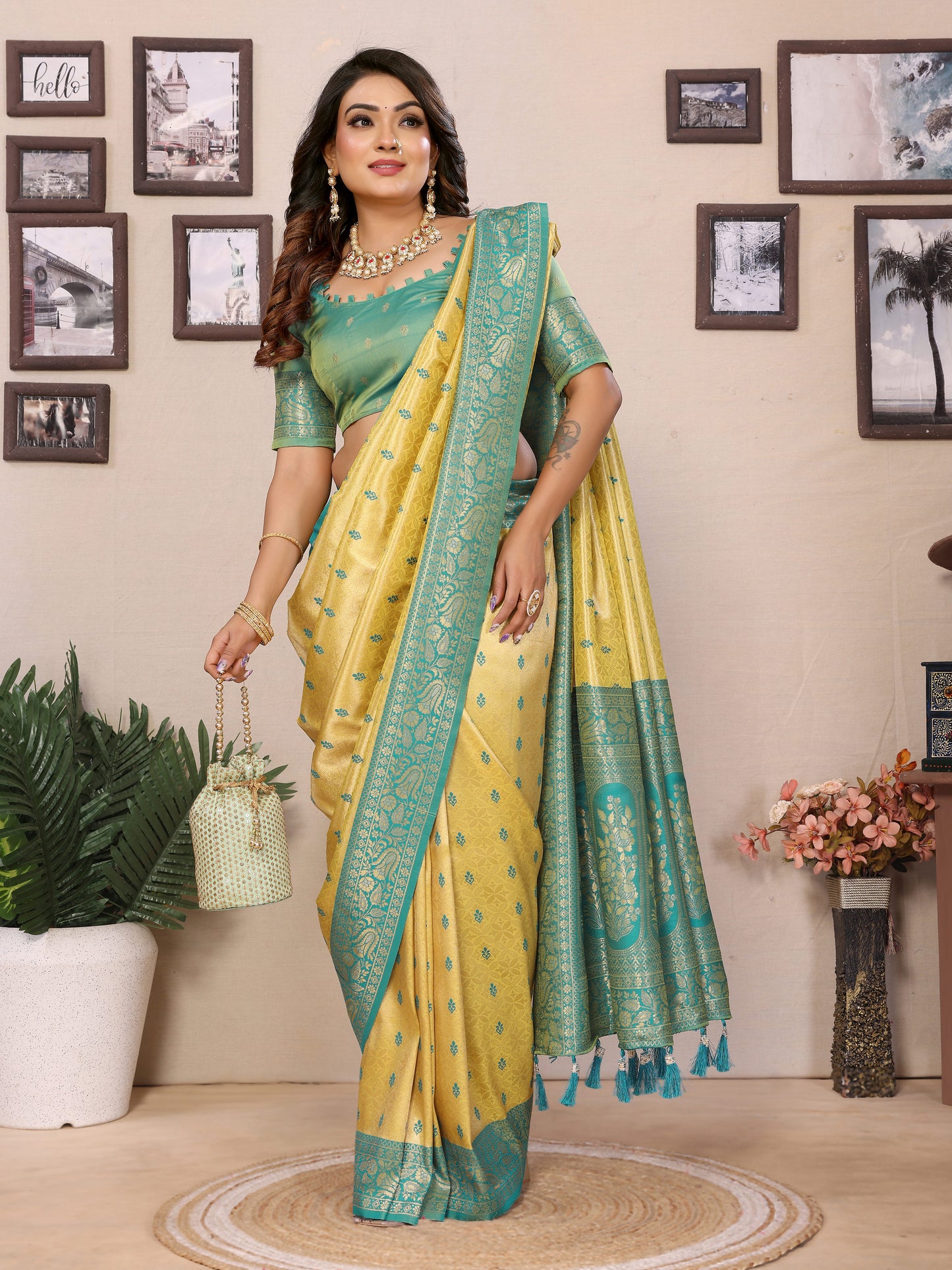 Yellow Devika Handloom Tissue Silk Sarees with Zari Weaving and Contrast Zari woven borders