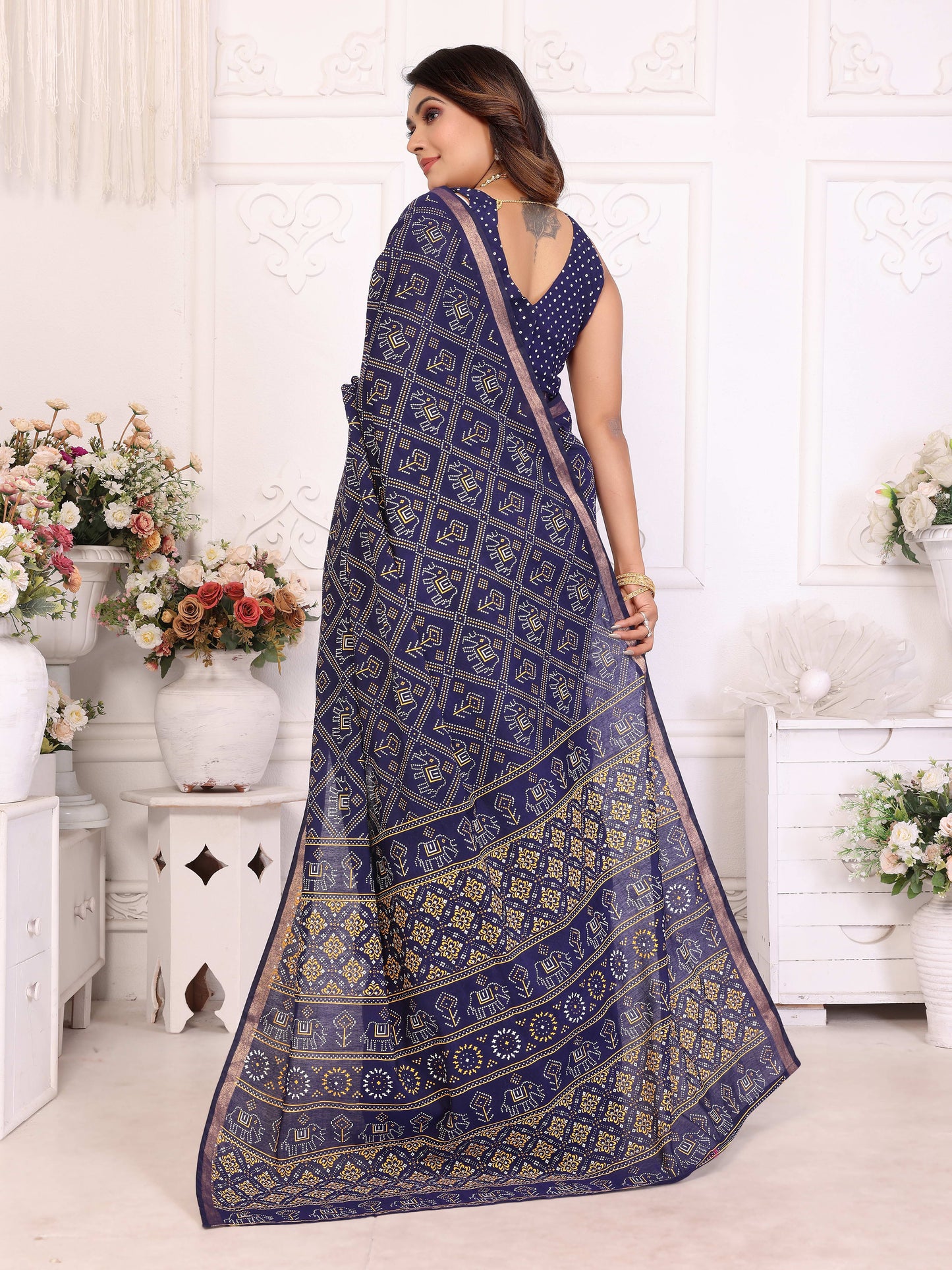 Navy Blue Ambika Pure Patola And Bandhej Pattern Soft Cotton Light Weight Saree