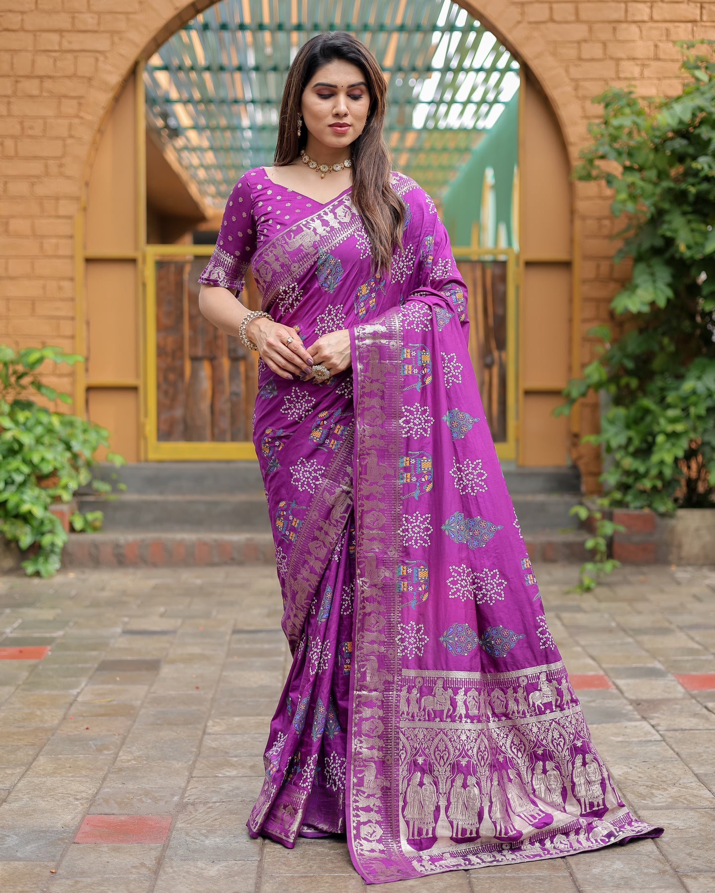 Purple Mastani Soft Dola Silk Bandhej Print Sarees With Kanchi Weaving Border And Allover Zari Border