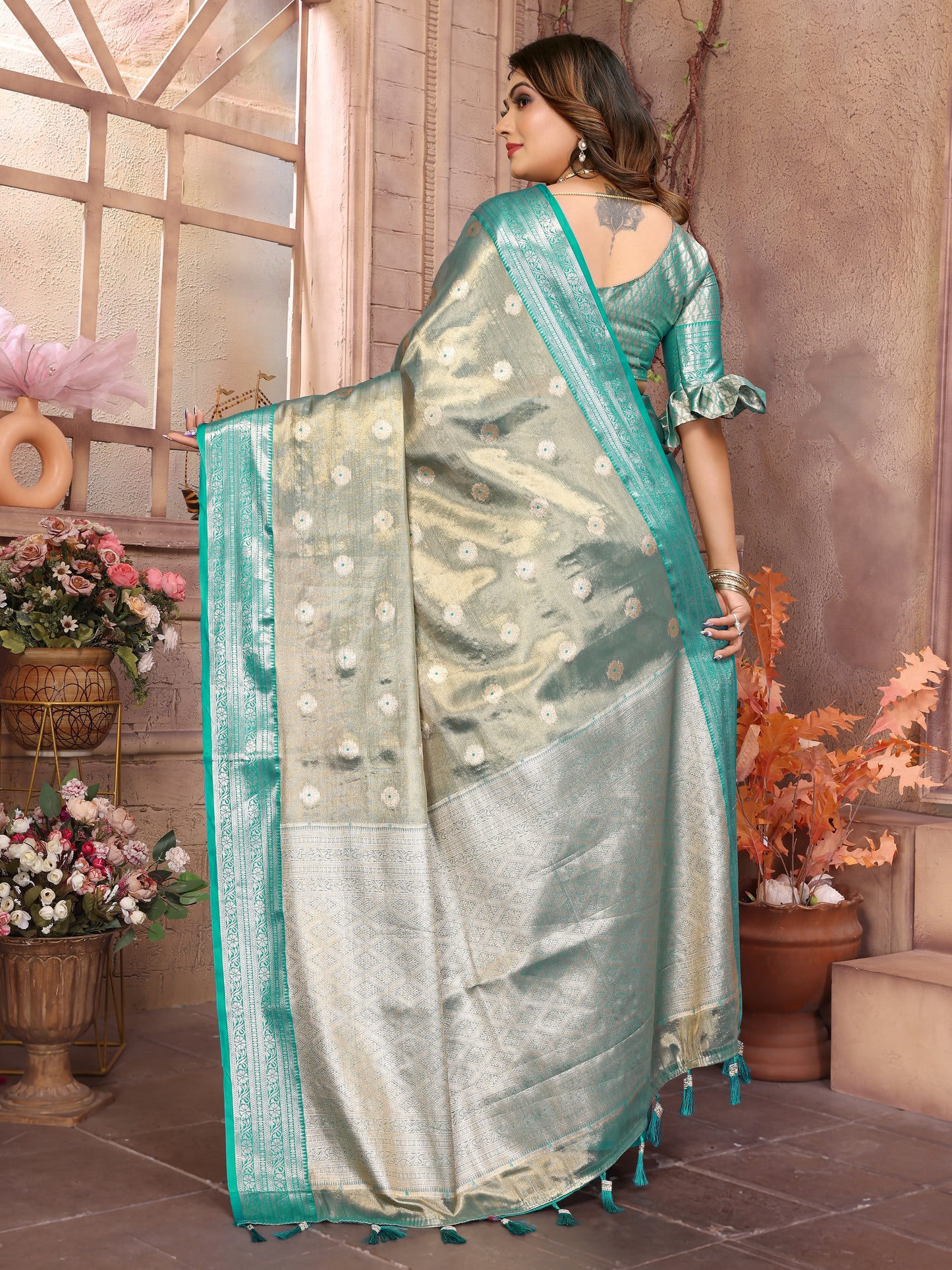 Rama Green Anita Handloom Tissue Silk Sarees with Zari Weaving Designs and Zari borders Rich Pallu