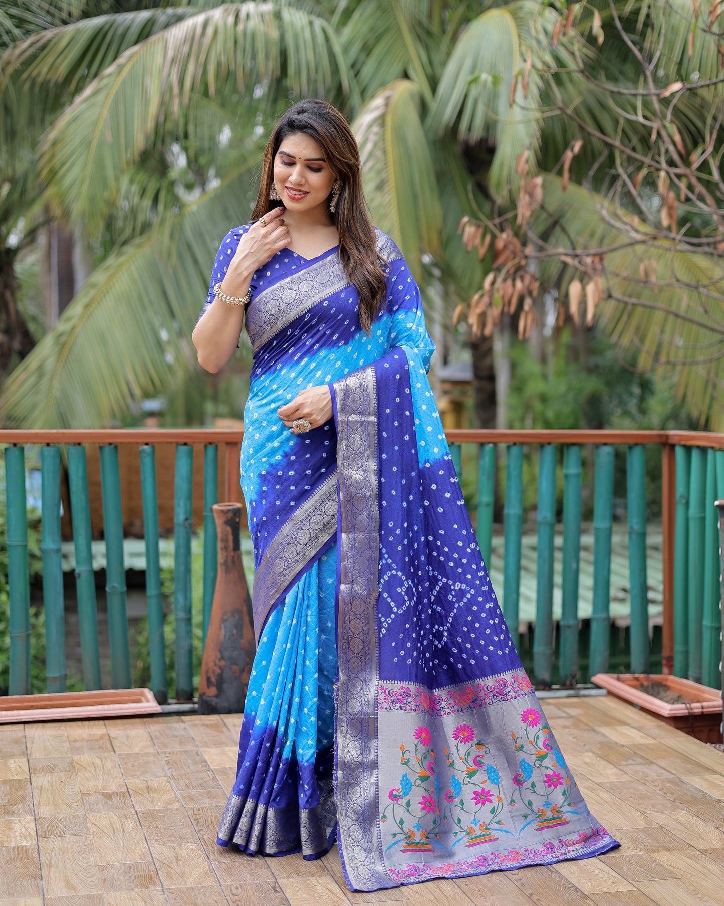 Blue Devika Dola Soft Silk Bandhej Sarees Jari Paithani Weaving Border & Weaving Paithani Style Rich Pallu