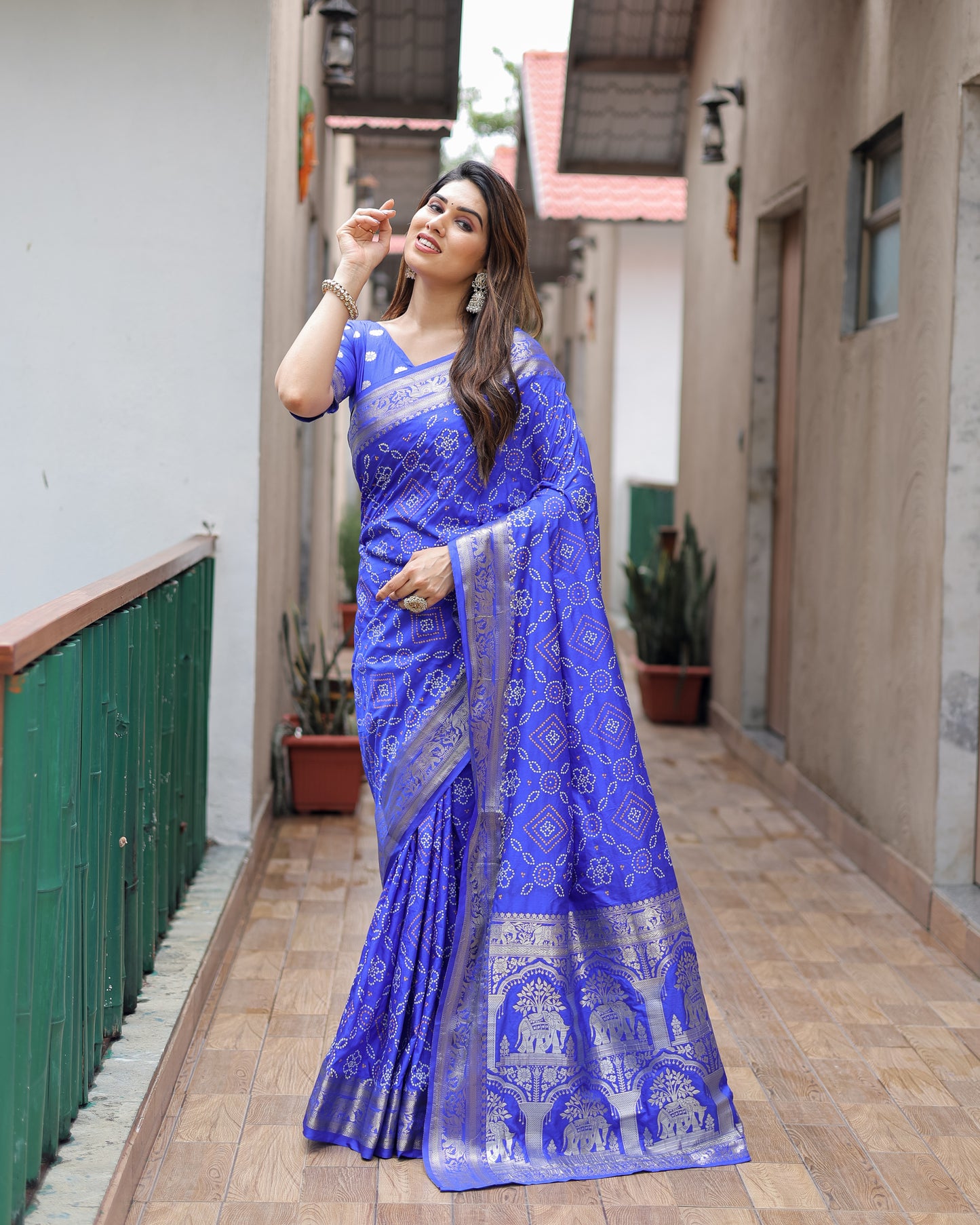 Blue Pushpavati Soft Dola Silk Bandhej Sarees With Kanchi Weaving Border With Multicolour Bandhej Block Print Design