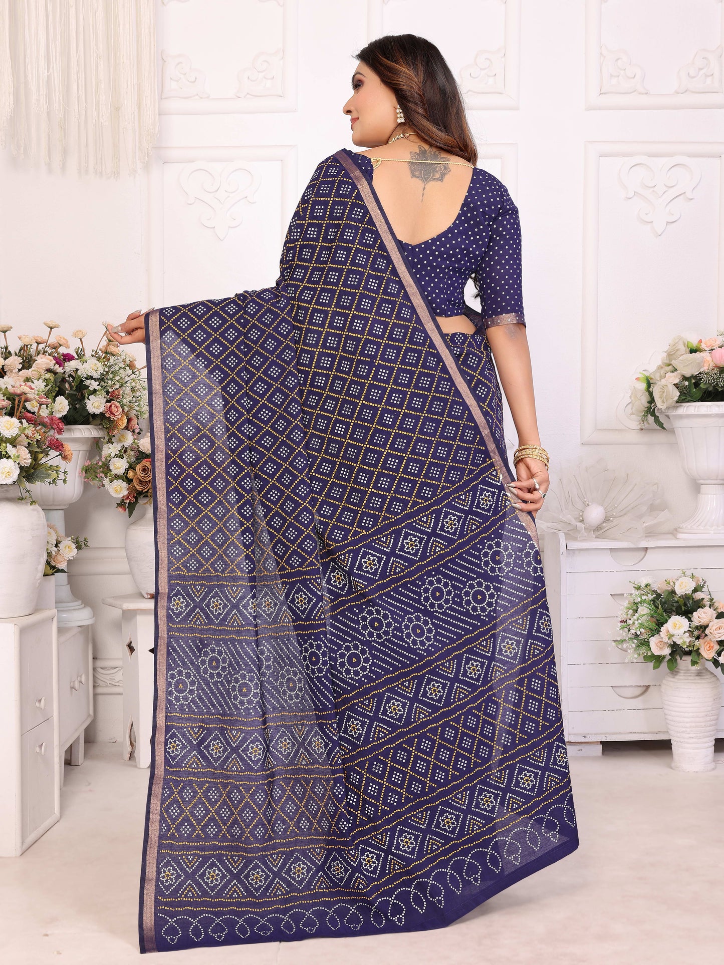 Navy blue Amba Pure Patola And Bandhej Pattern Soft Cotton Light Weight Saree