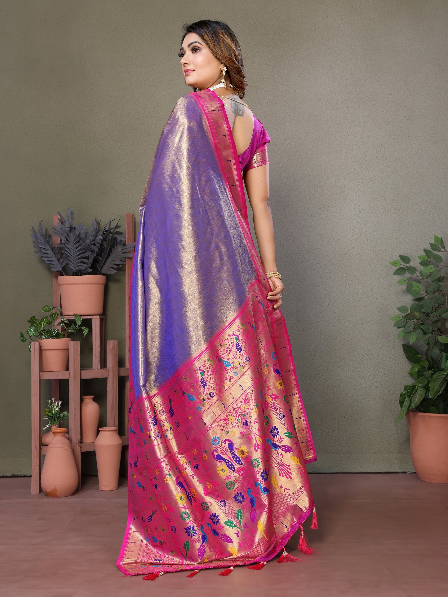 Purple Mrudangi Pure Banarasi Tissue silk sarees contrast Paithani woven border classic pallu