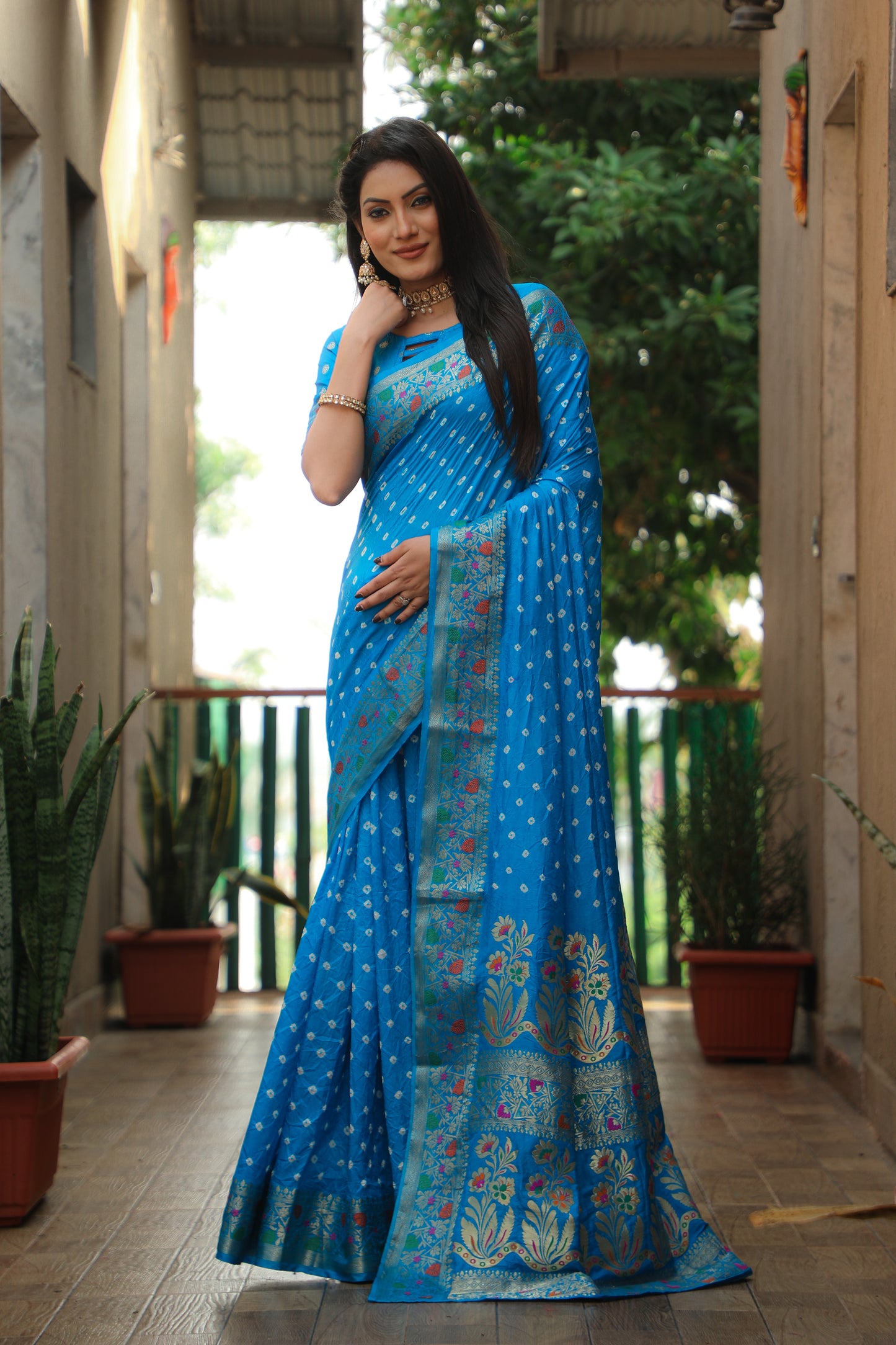 Sky Blue Nazakat Pure Bandhej Silk Saree With Patola Border Zari Weaving Paithani And Paithani Rich Pallu