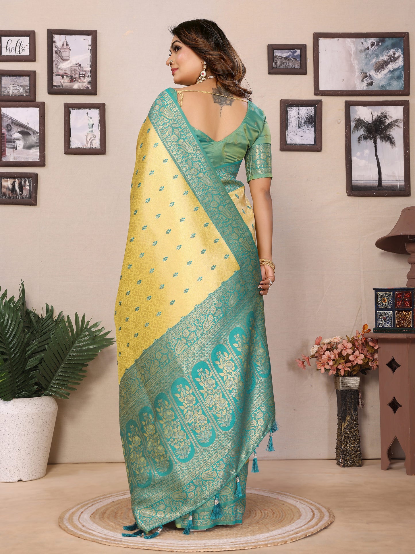 Yellow Devika Handloom Tissue Silk Sarees with Zari Weaving and Contrast Zari woven borders