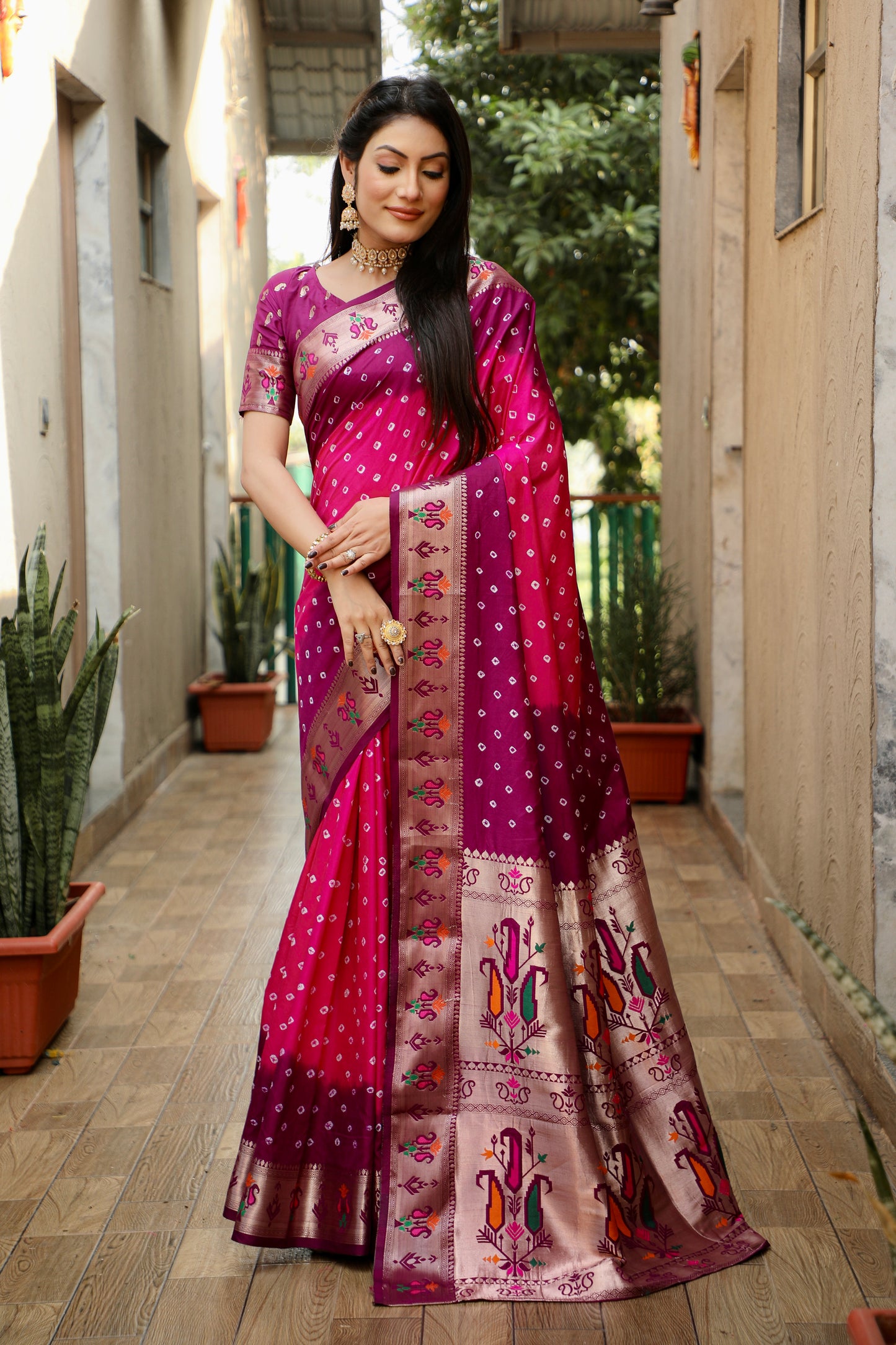 Pink Chandani Dola Soft Silk Bandhej Sarees Jari Paithani Weaving Border & Weaving Paithani Style Rich Pallu