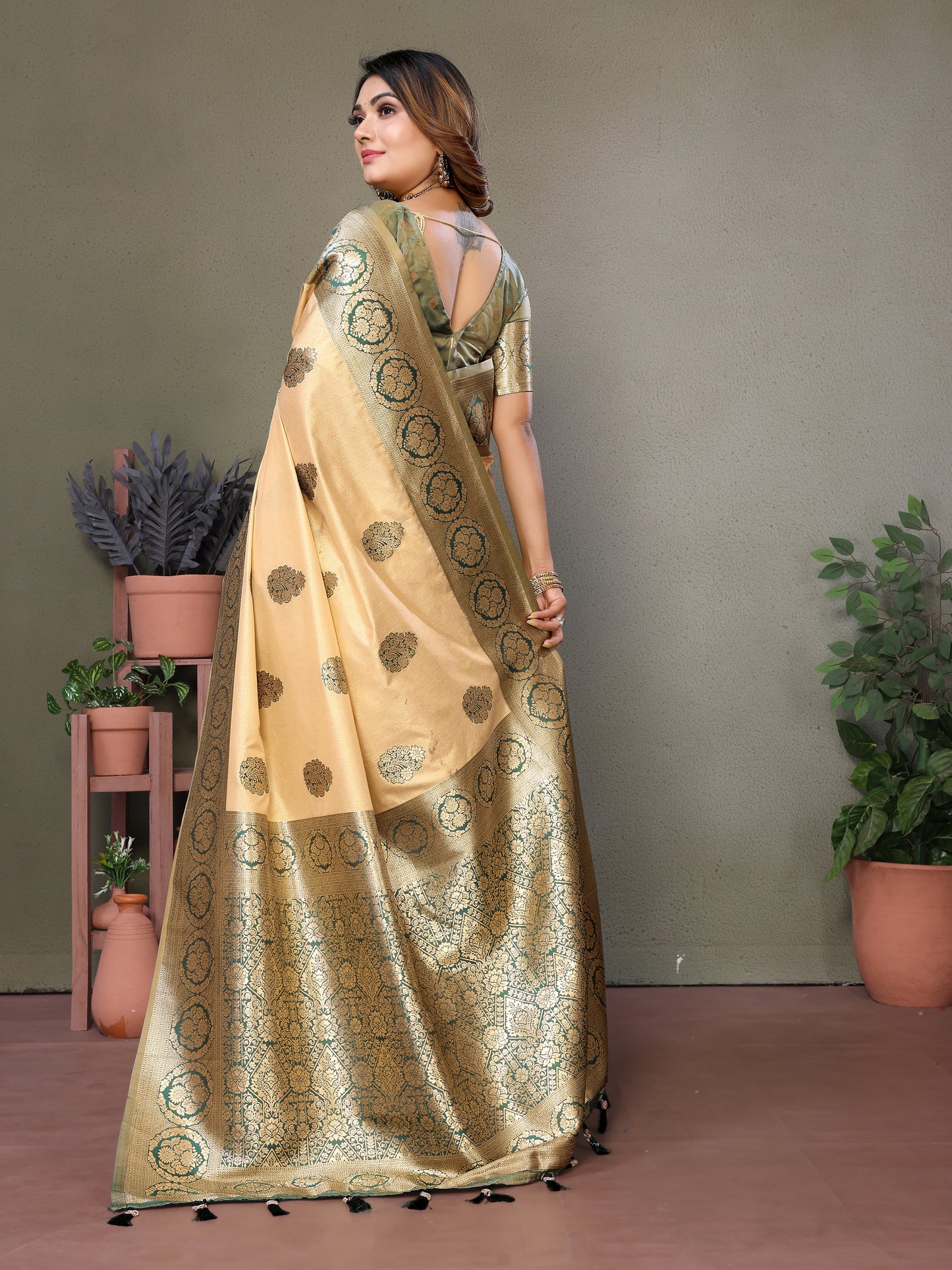 Beige Jugani Viscose Silky Sarees And weaving Butties with contrast border, Rich pallu