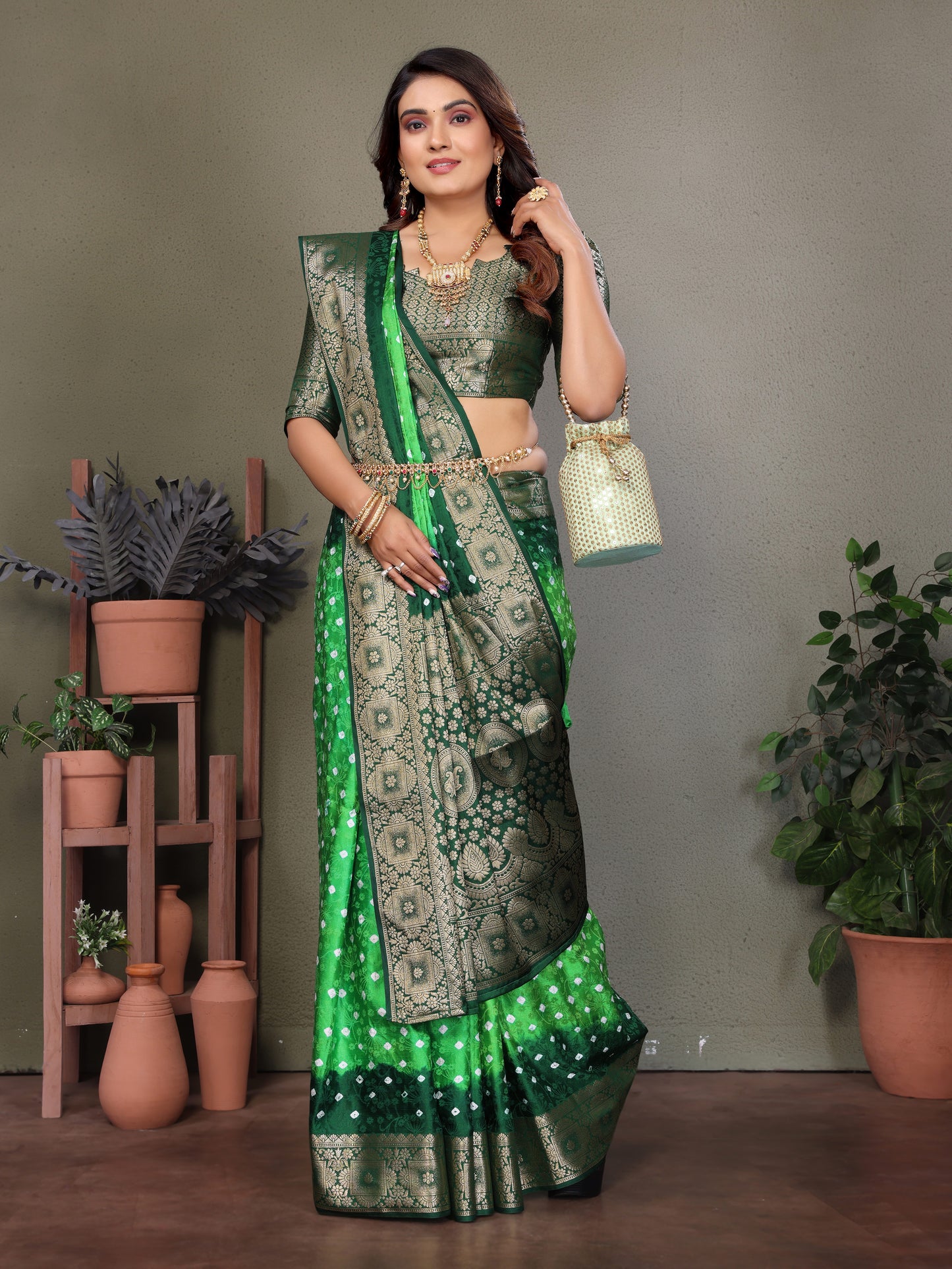 Light Green Satyavati Bandhej Satin Silk Saree Made By Original Bandhej With Zari Weaving Border