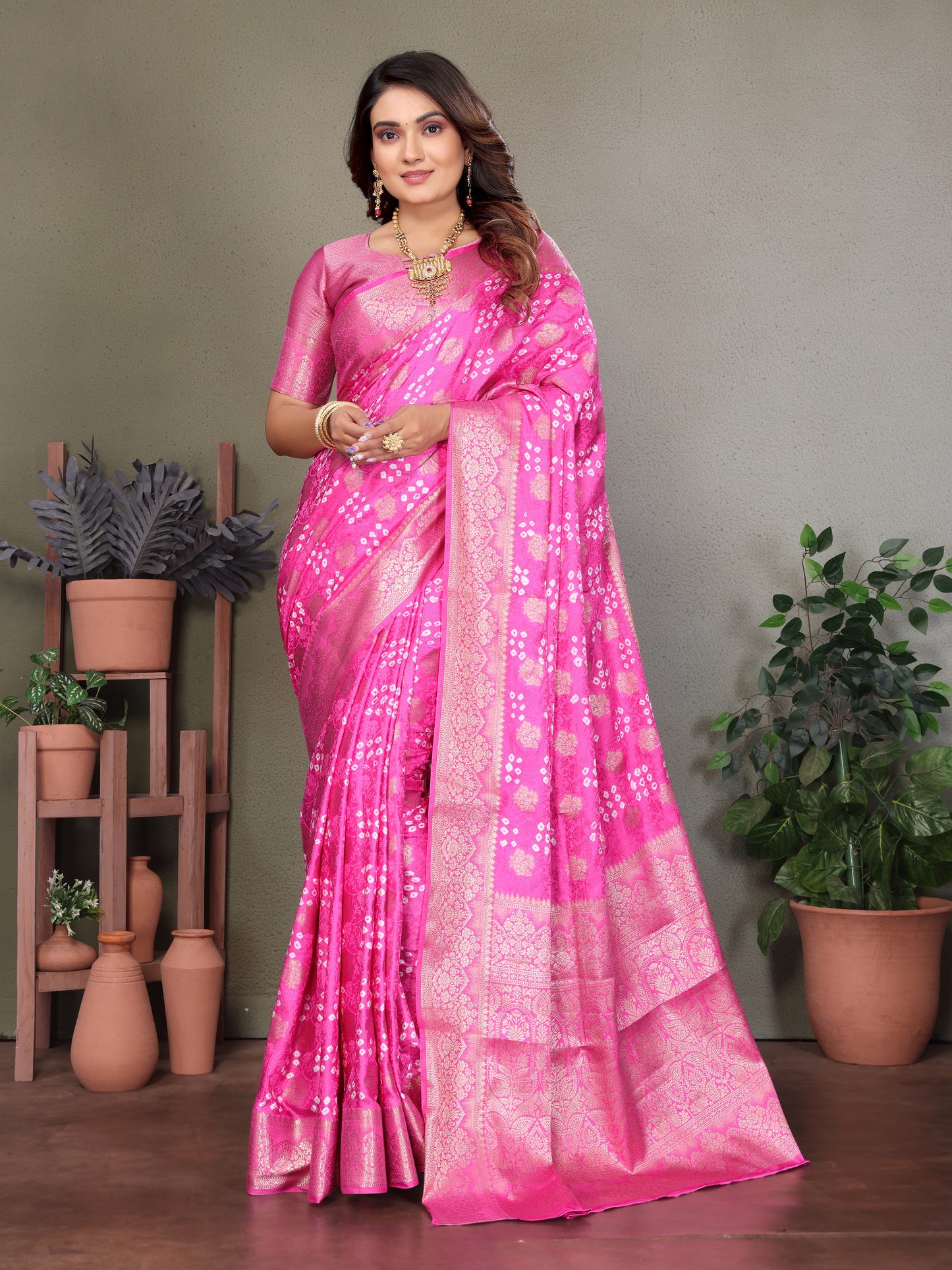 Pink Shakuntala Bandhej Silk Saree With Zari Weaving Butta & Zari Rich Pallu With Beautiful Design & Broad Border