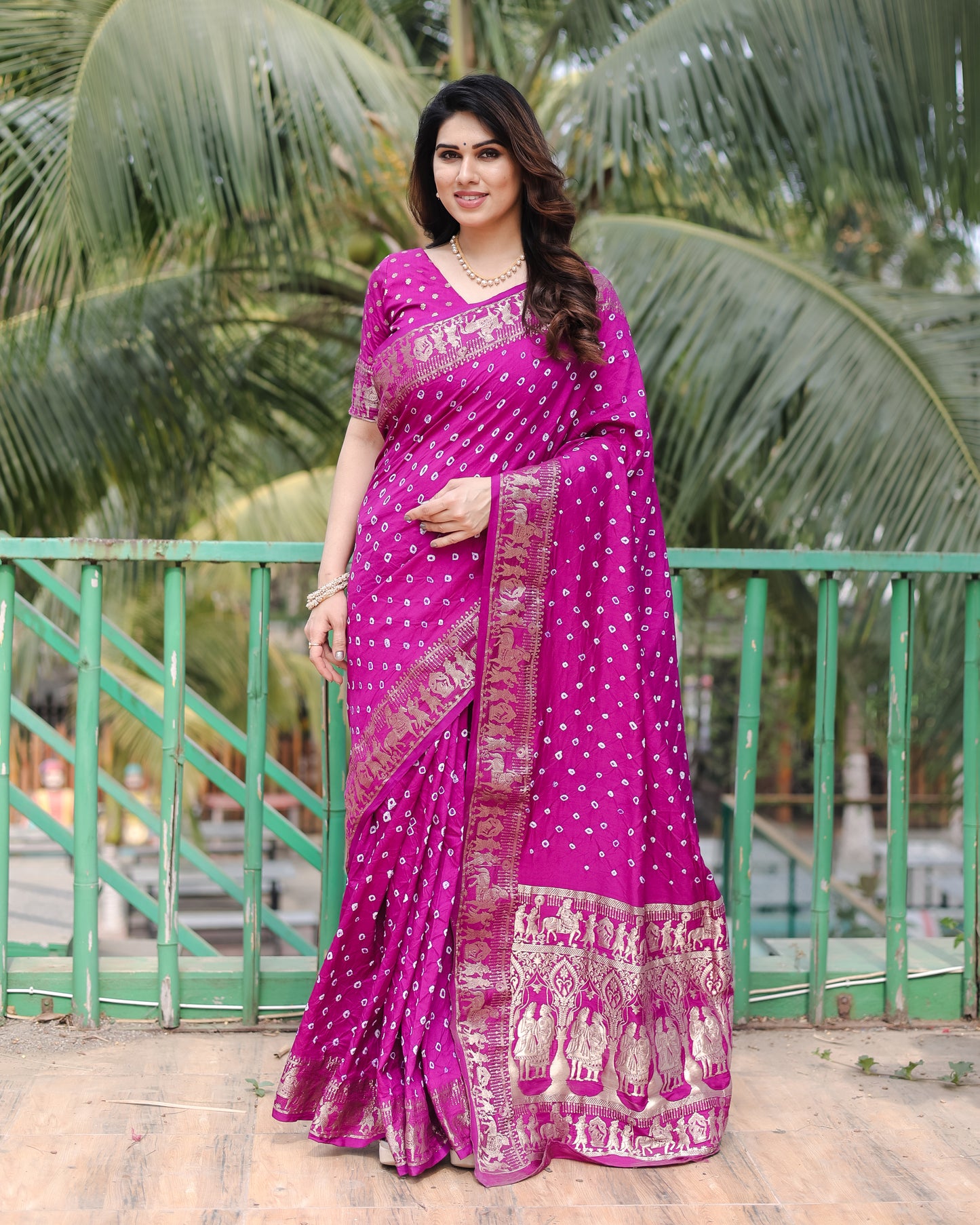 Purple Mausami Pure Bandhej Silk Saree With Zari Weaving Border & Rich Pallu With Beautiful Design And Broad Border