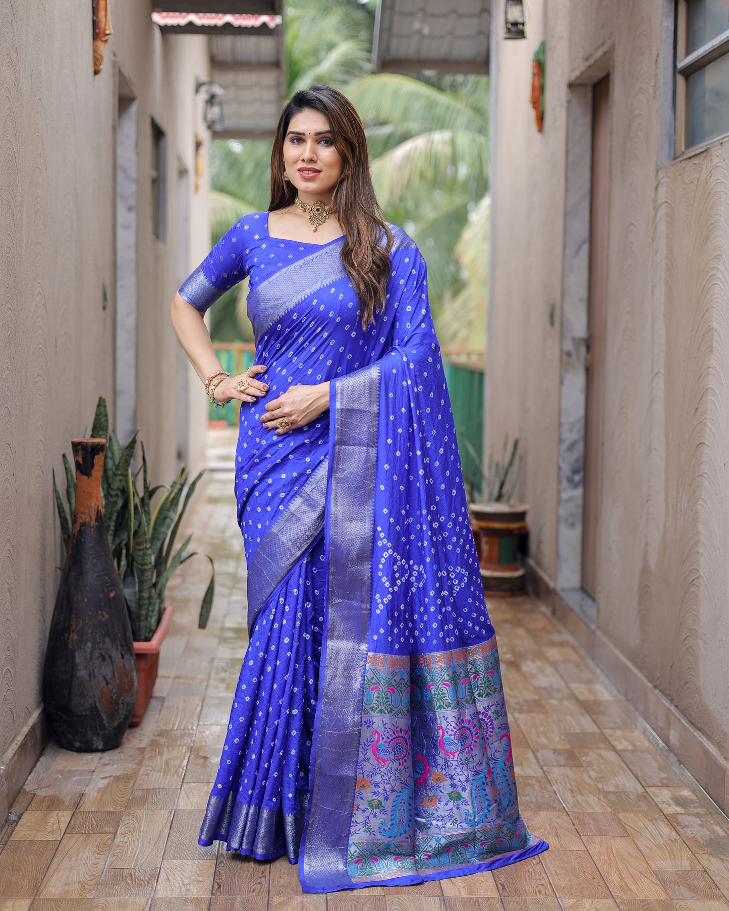 Blue Yashomati Dola Soft Silk Bandhej Sarees With Awesome Two Sides Jari Border & Paithani Style Rich Pallu