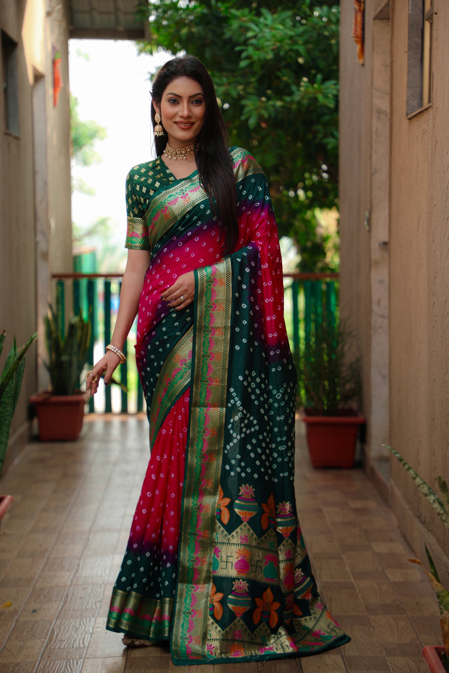 Pink Swastik Pure Bandhej Silk Saree With Minakari Border Kalash & Swastik Design Rich Pallu Saree