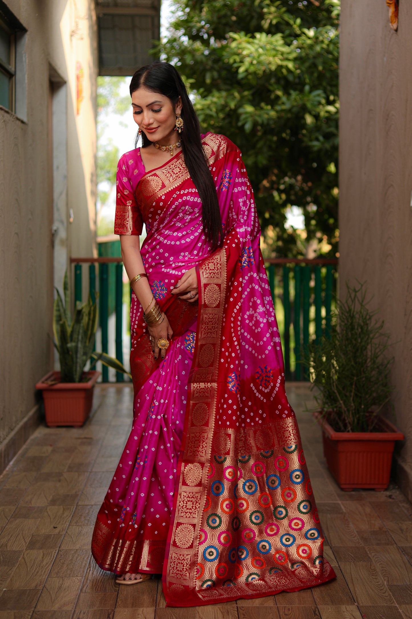 Dark Pink Ishani Pure Bandhej Silk Saree Minakari Weaving Butta With Zari