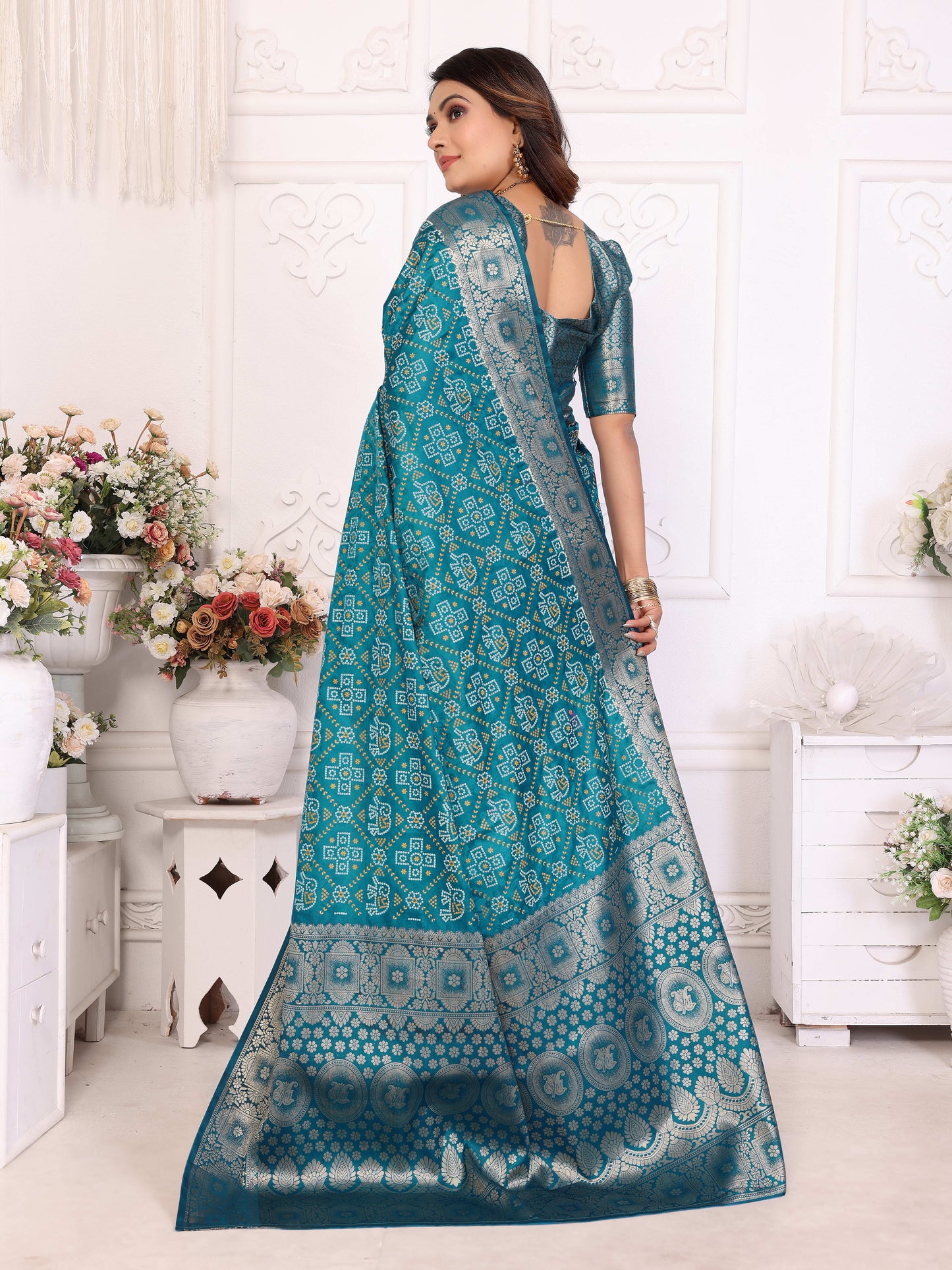 Sky Blue Samshira Soft Satin Silk Bandhej Print Saree With Zari Border Design And Having Rich Pallu