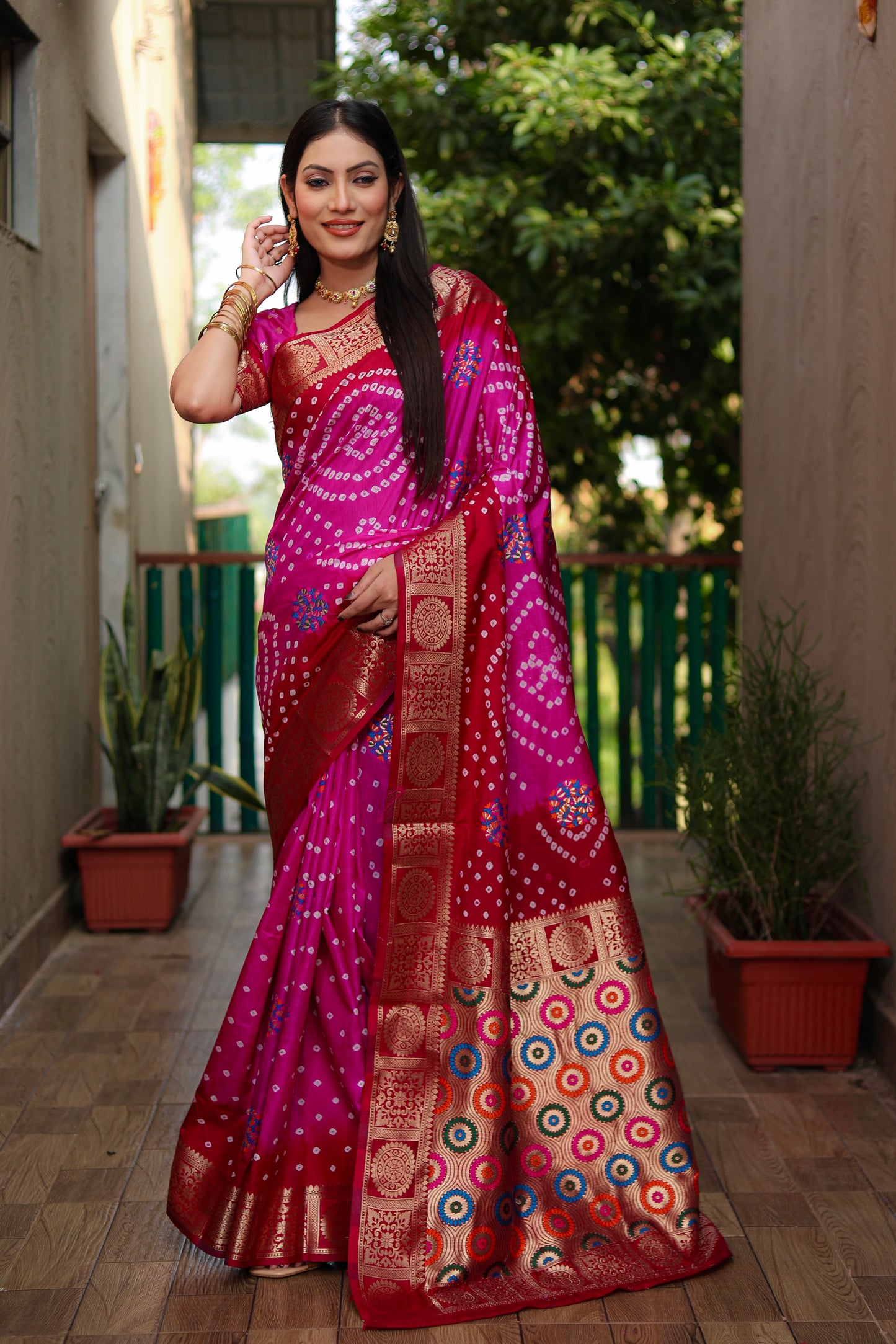 Dark Pink Ishani Pure Bandhej Silk Saree Minakari Weaving Butta With Zari