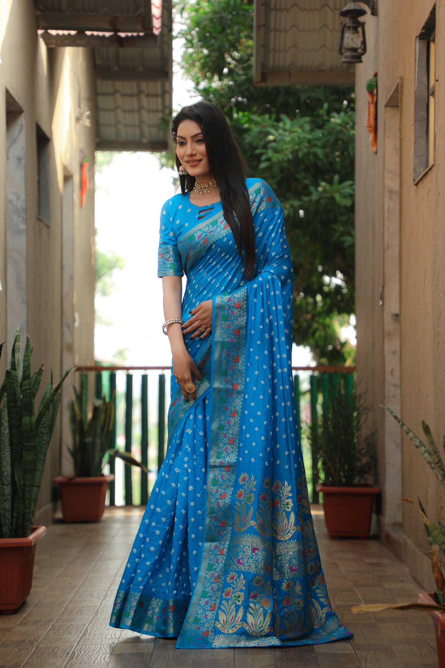 Sky Blue Nazakat Pure Bandhej Silk Saree With Patola Border Zari Weaving Paithani And Paithani Rich Pallu