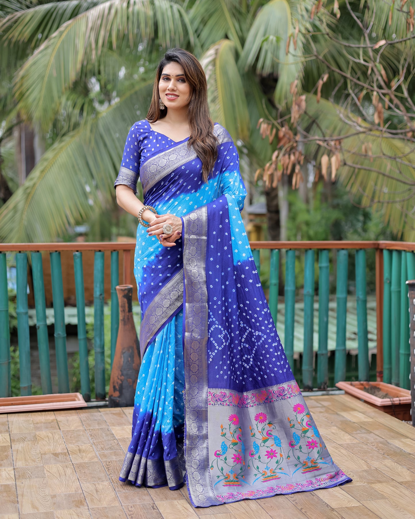 Blue Devika Dola Soft Silk Bandhej Sarees Jari Paithani Weaving Border & Weaving Paithani Style Rich Pallu