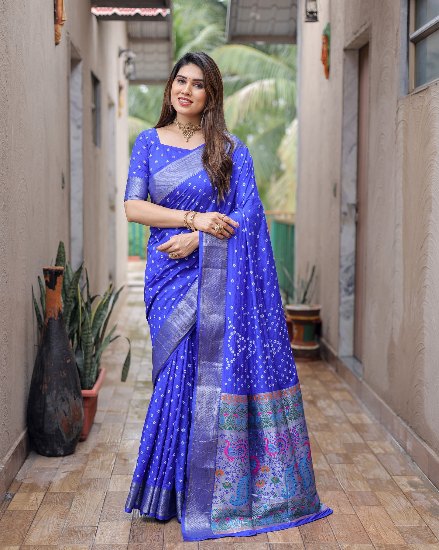 Blue Yashomati Dola Soft Silk Bandhej Sarees With Awesome Two Sides Jari Border & Paithani Style Rich Pallu
