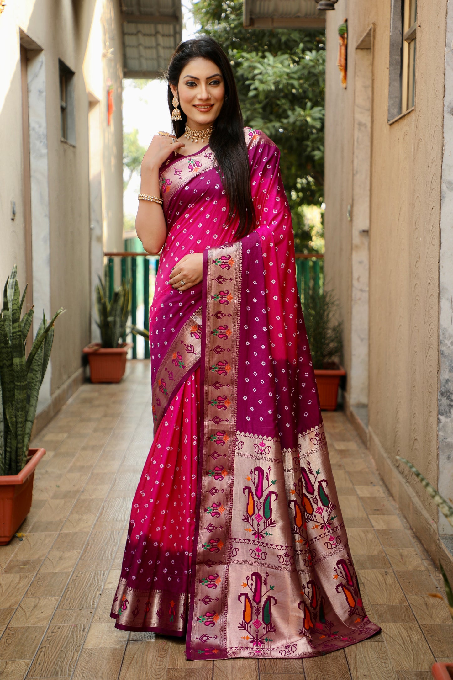 Pink Chandani Dola Soft Silk Bandhej Sarees Jari Paithani Weaving Border & Weaving Paithani Style Rich Pallu