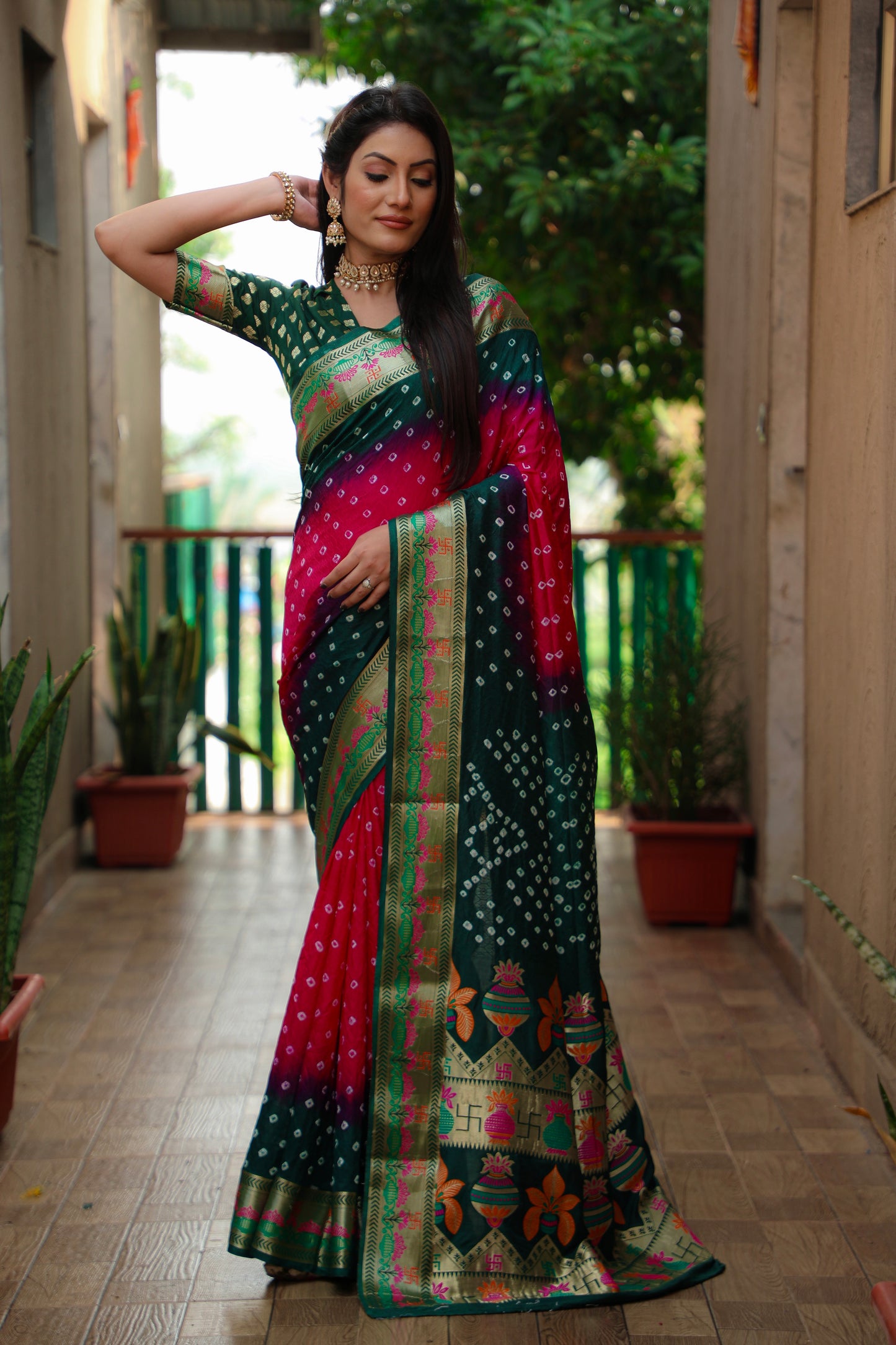 Pink Swastik Pure Bandhej Silk Saree With Minakari Border Kalash & Swastik Design Rich Pallu Saree