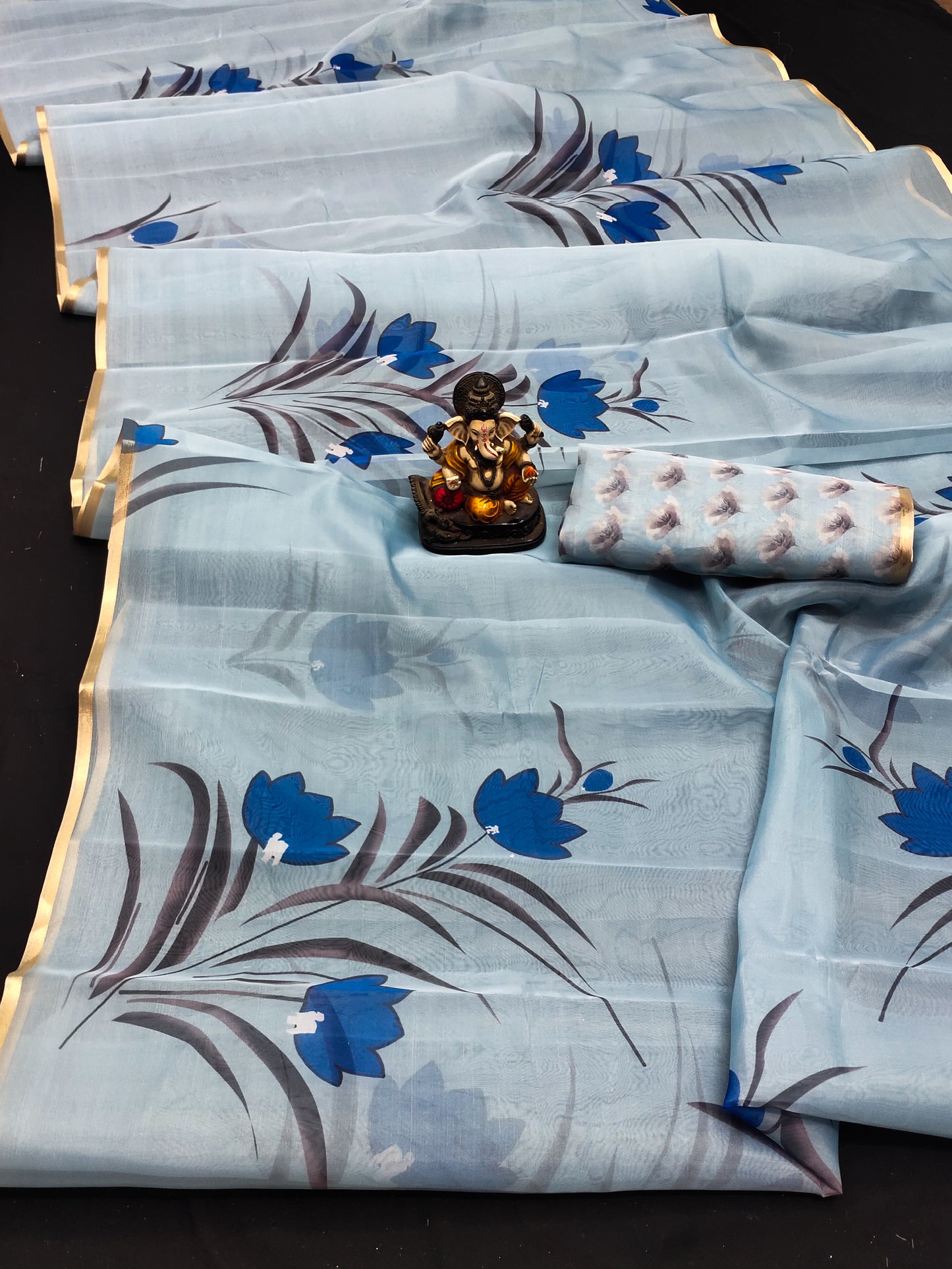 Sky Blue Vrinda Organza Digital Print Soft Shiny Art Silk Saree With Inspired Gold Border