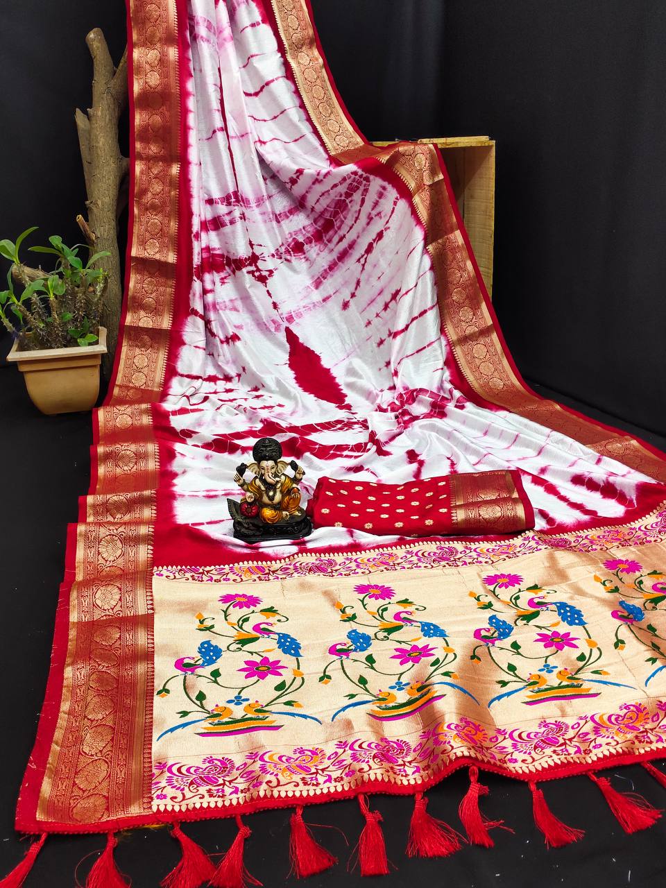 Red Arpita Sibori Work With Soft Dola Silk With Zari Border & Zari With Meena Rich Pallu