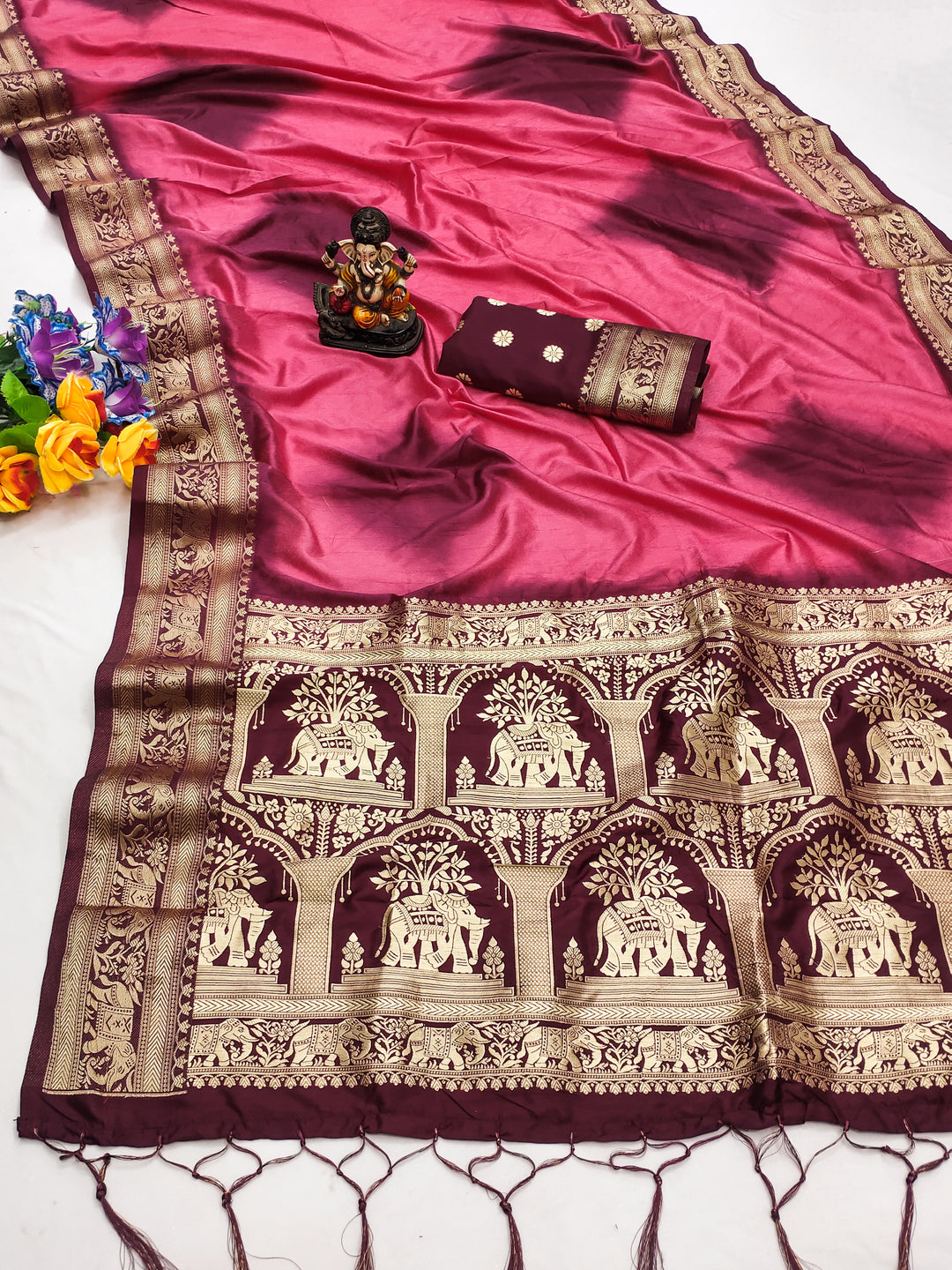Pink Prushti Sibori Print Silk Sarees With Gold Zari Minakari Border & Contrast Rich Pallu