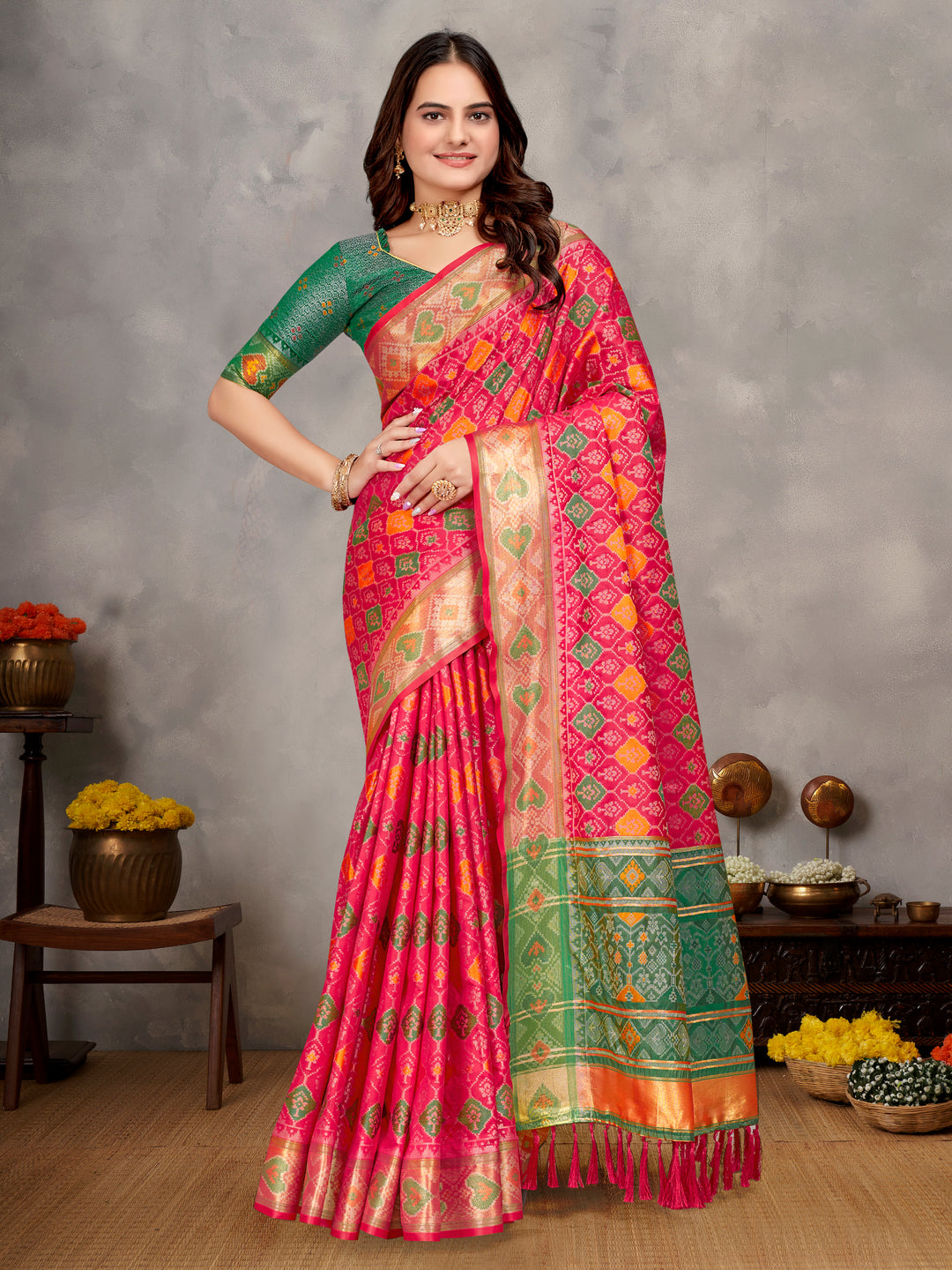 Pink Maya-1 Pure Handloom Silk Ikkat Patola Saree With Kanchi Border and contrast Zari border