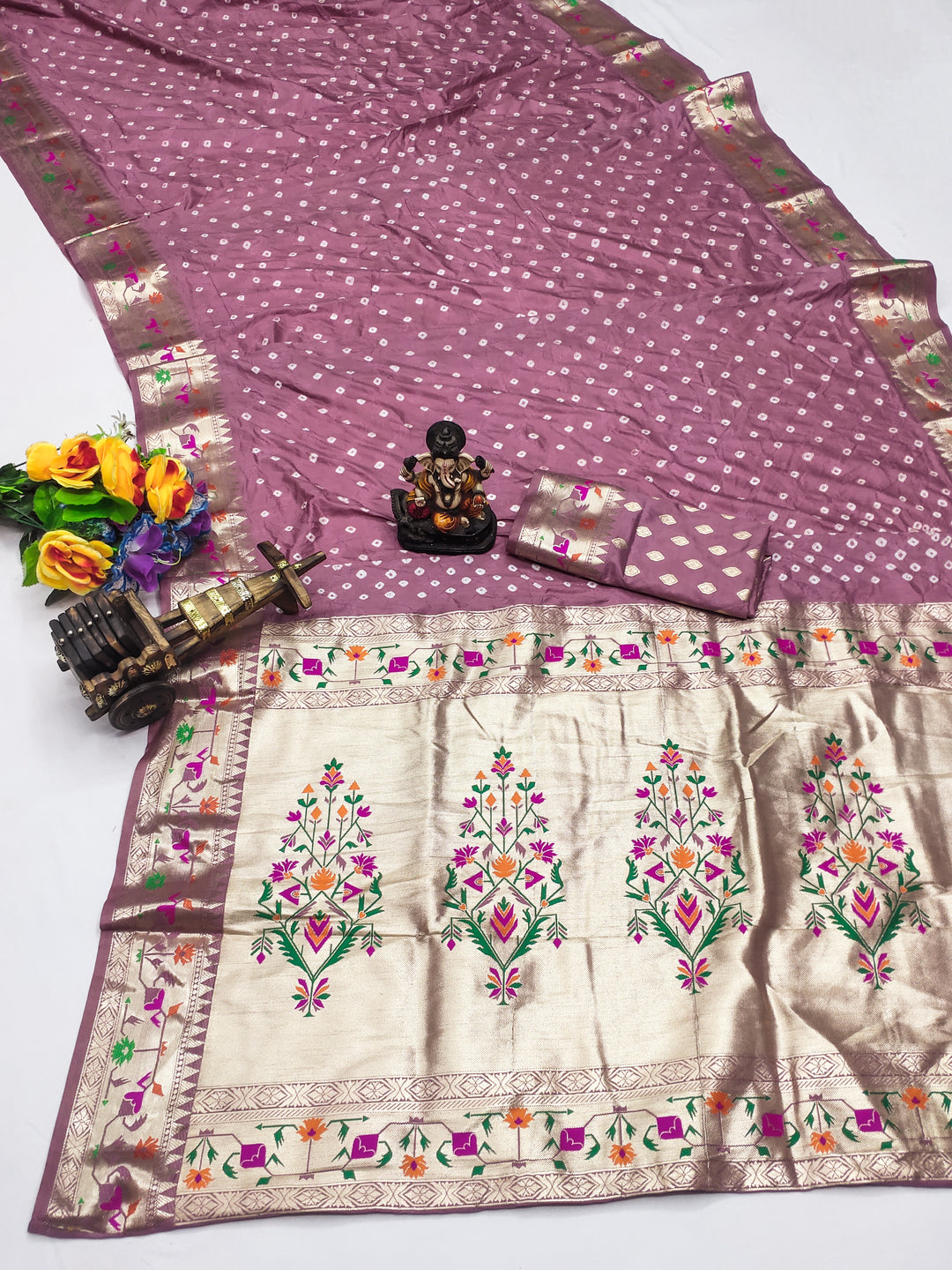 Light Peach Janki Pure Bandhej Silk Saree With Beautiful Design And Having A Minakari Rich Pallu With Zari