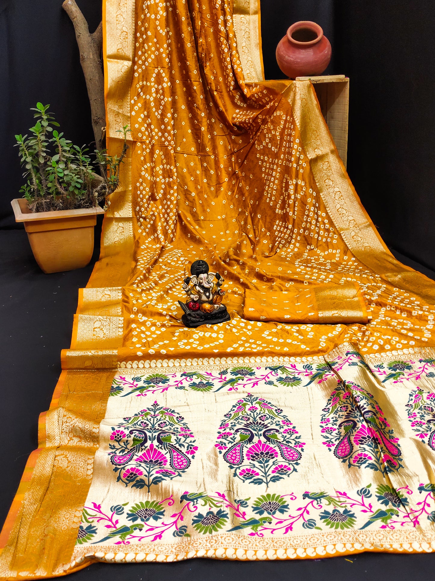 Yellow Subhadra Bandhej Kanjivaram Silk Saree With Kanjivaram Border With Zari Paithani Rich Pallu