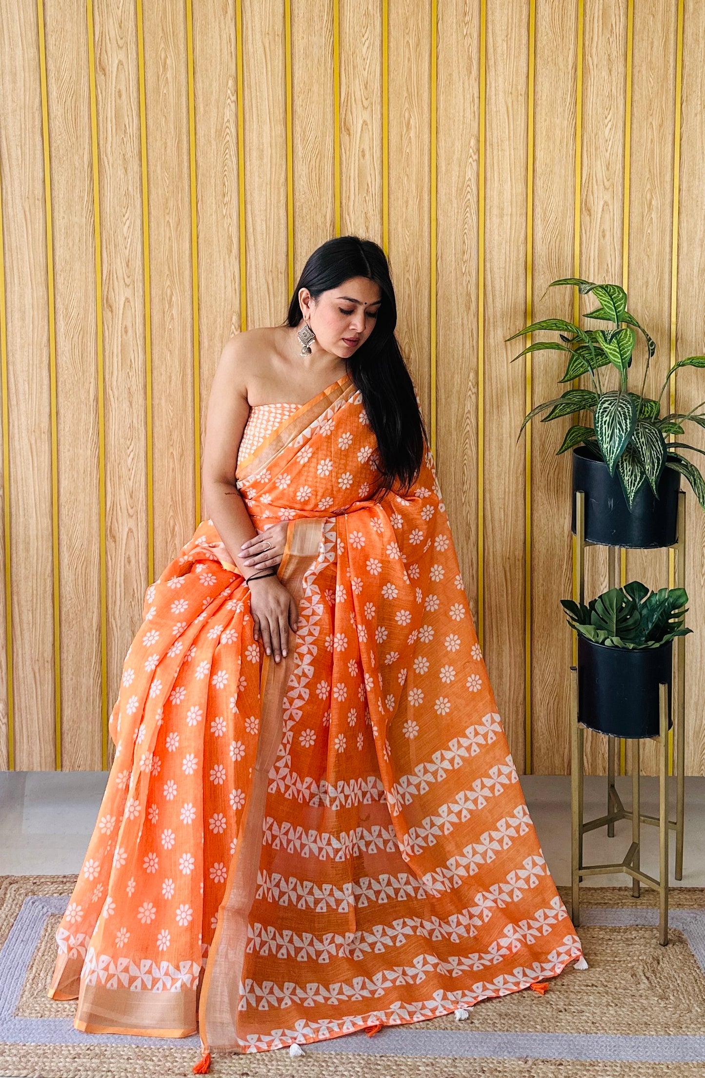 Orange Aarya-3 Soft Linen Cotton Digital Print Sarees With Batik Print With Silver Border