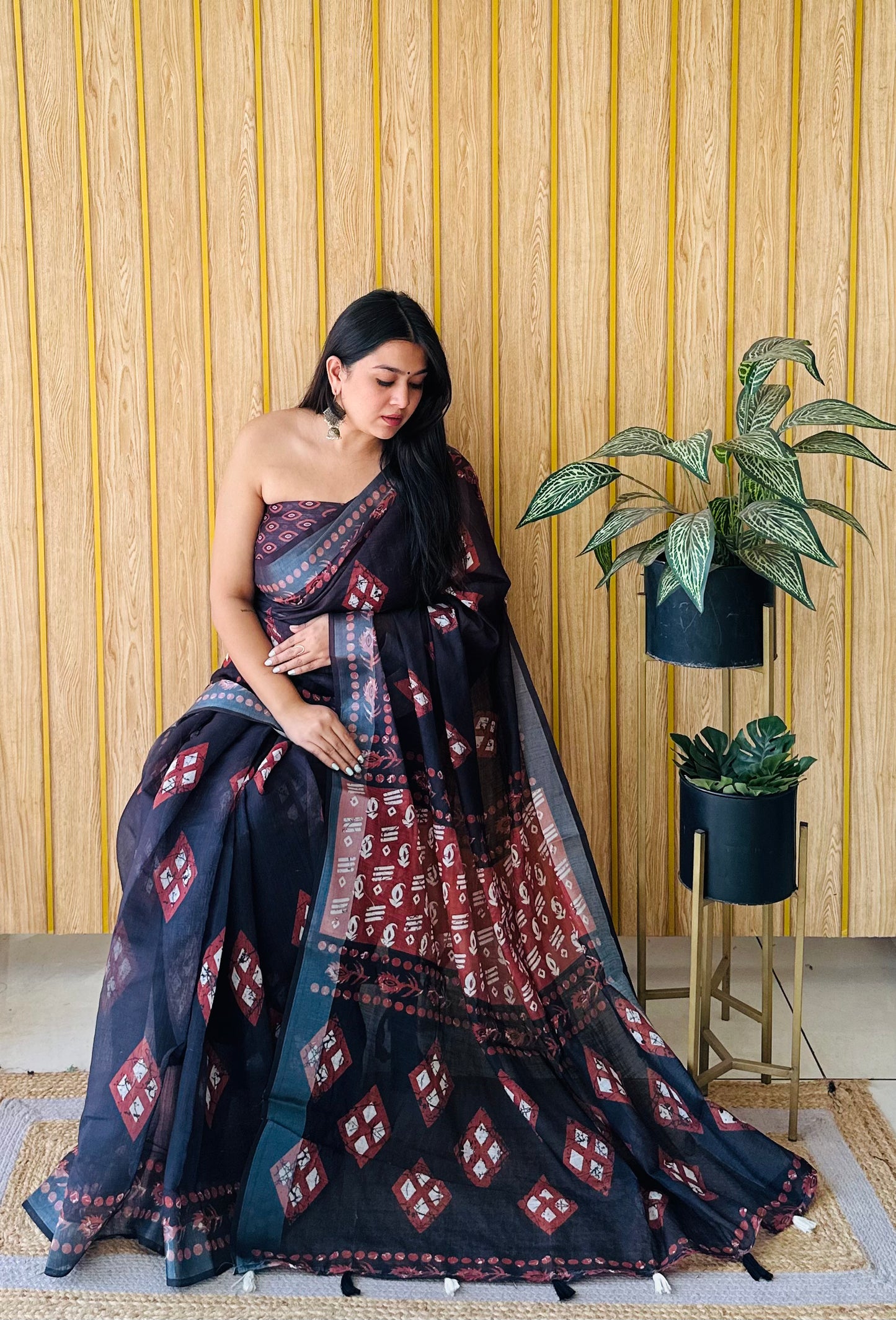 Black And Red Aarya-2 Soft Linen Cotton Digital Print Sarees With Batik Print With Silver Border