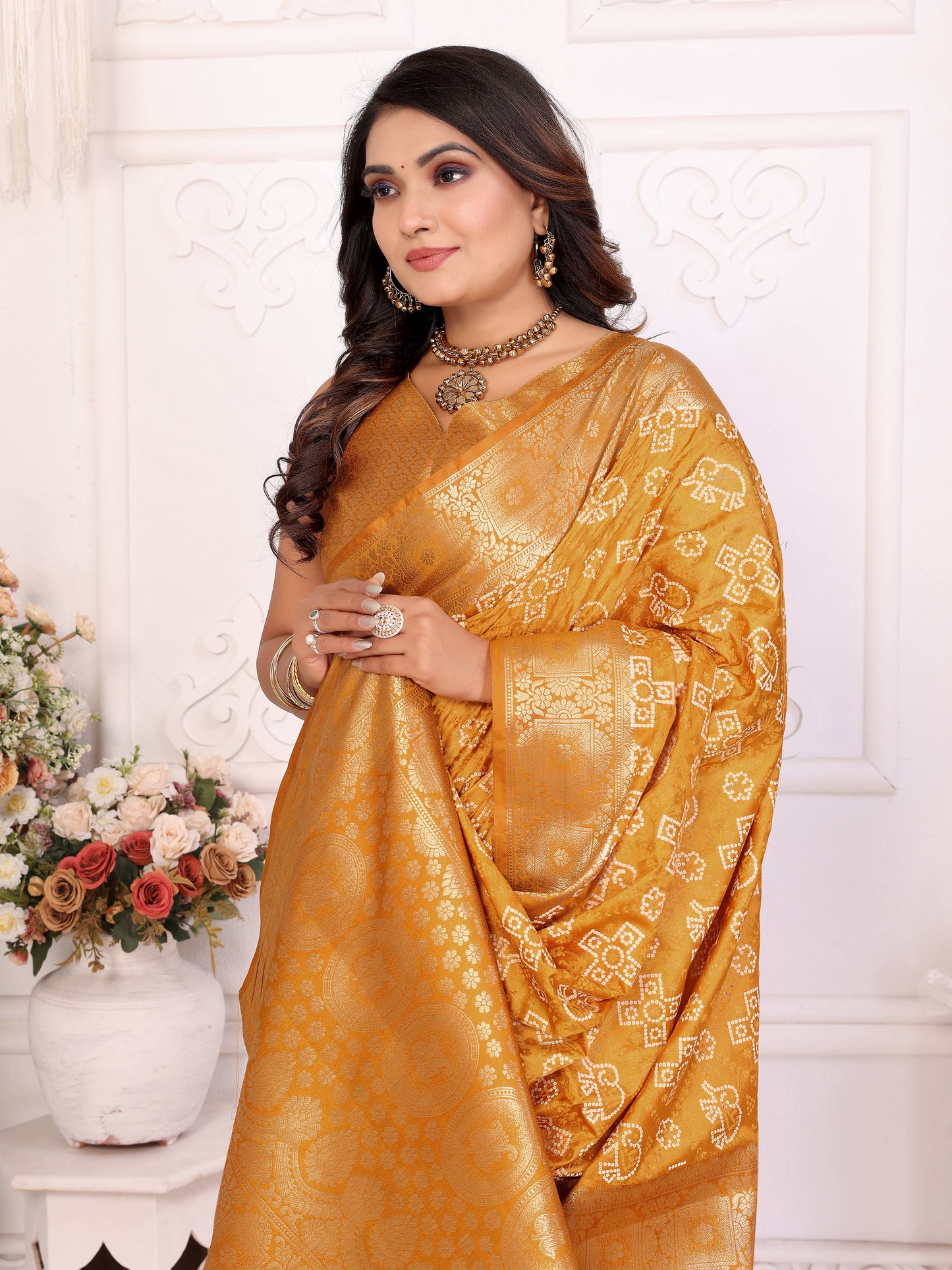 Yellow Samshira Soft Satin Silk Bandhej Print Saree With Zari Border Design And Having Rich Pallu
