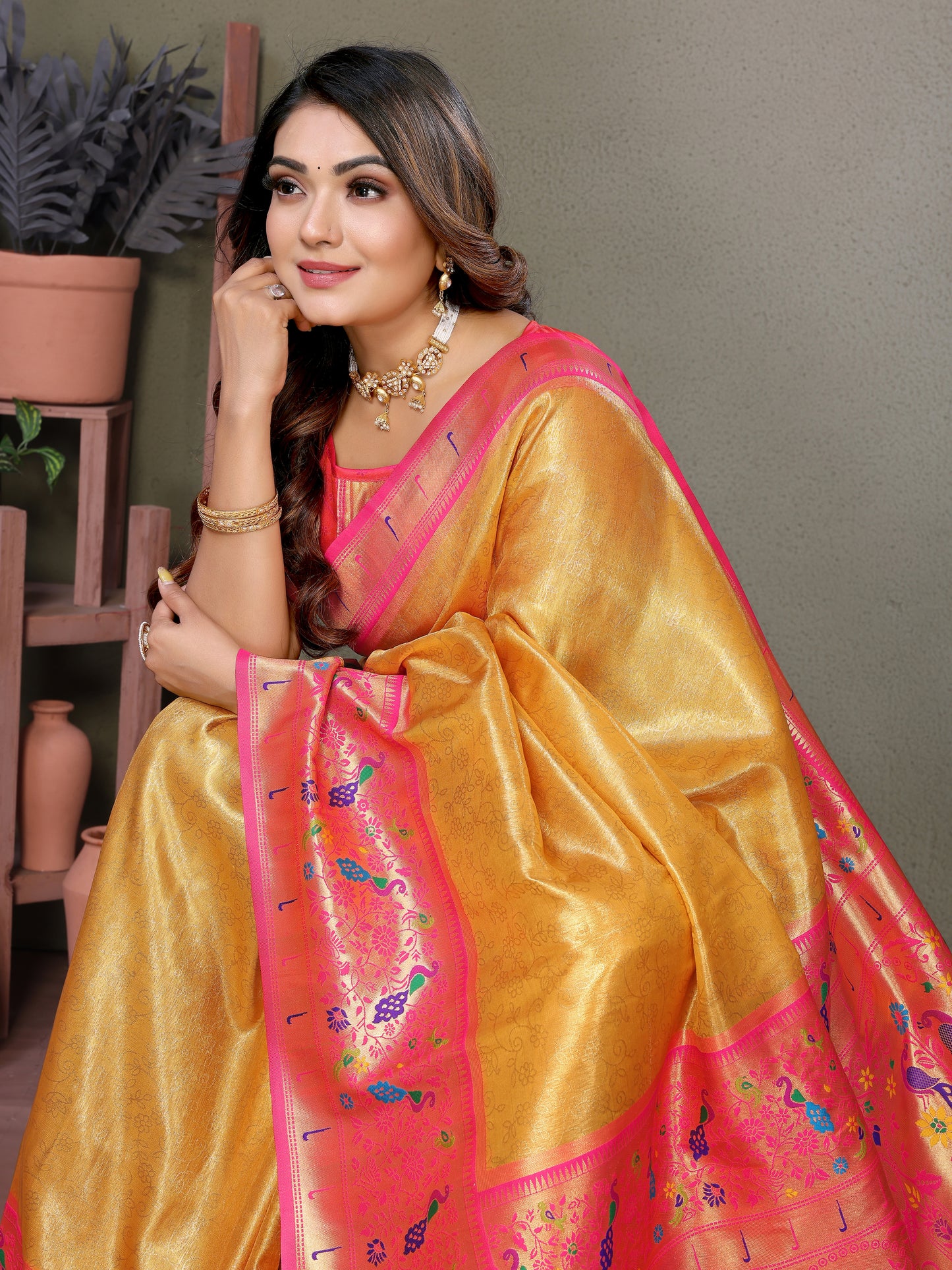 Yellow Mrudangi Pure Banarasi Tissue silk sarees contrast Paithani woven border classic pallu