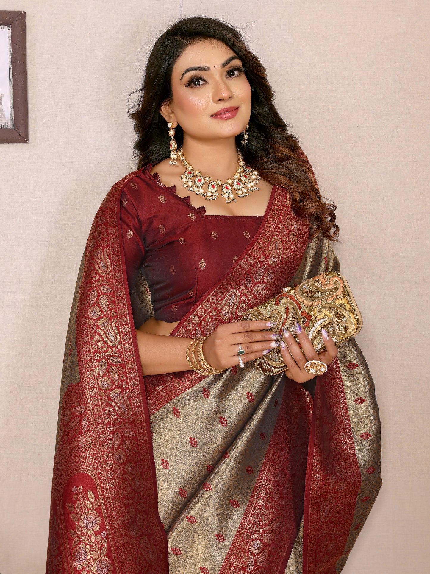 Beige Devika Handloom Tissue Silk Sarees with Zari Weaving and Contrast Zari woven borders
