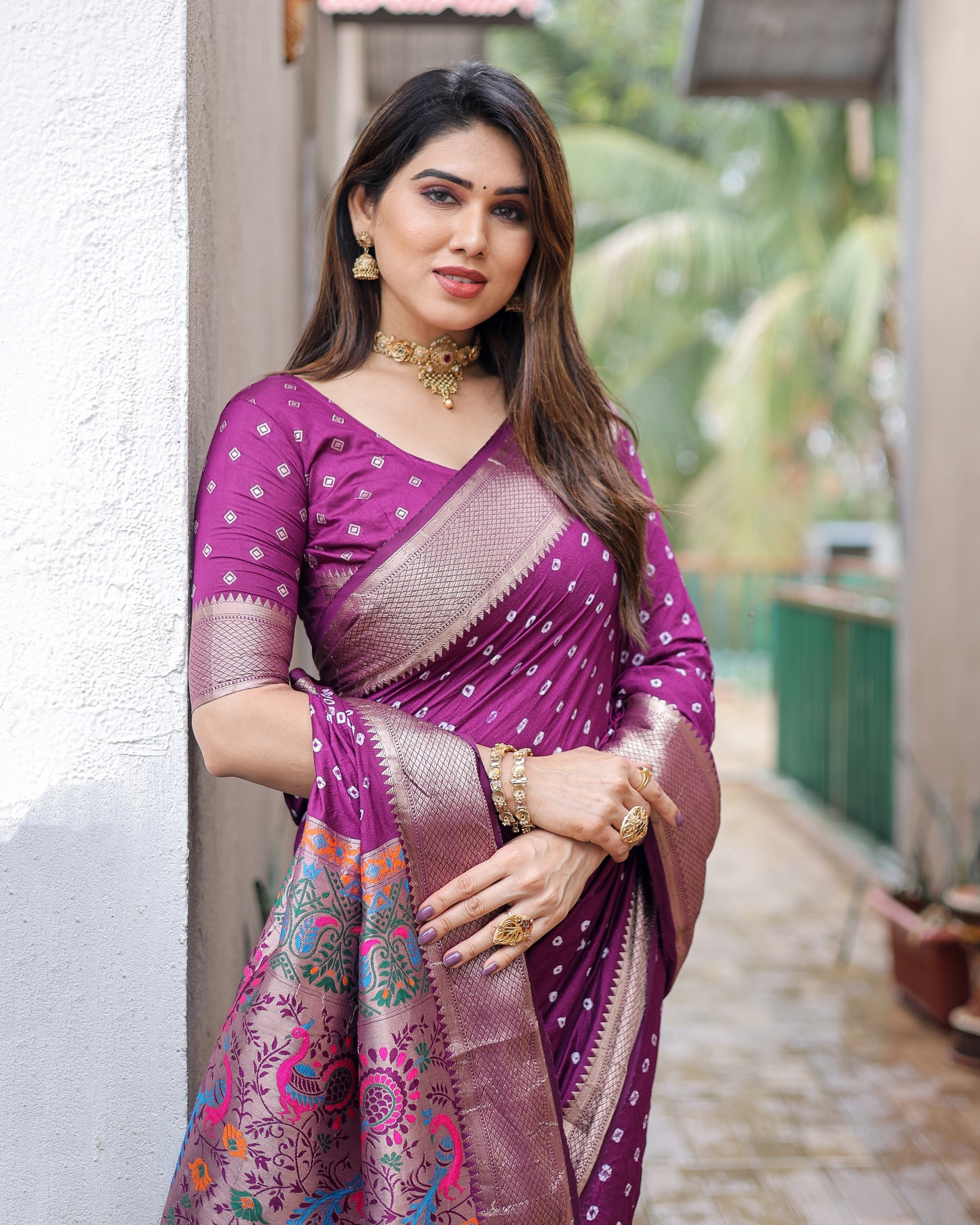 Wine Yashomati Dola Soft Silk Bandhej Sarees With Awesome Two Sides Jari Border & Paithani Style Rich Pallu