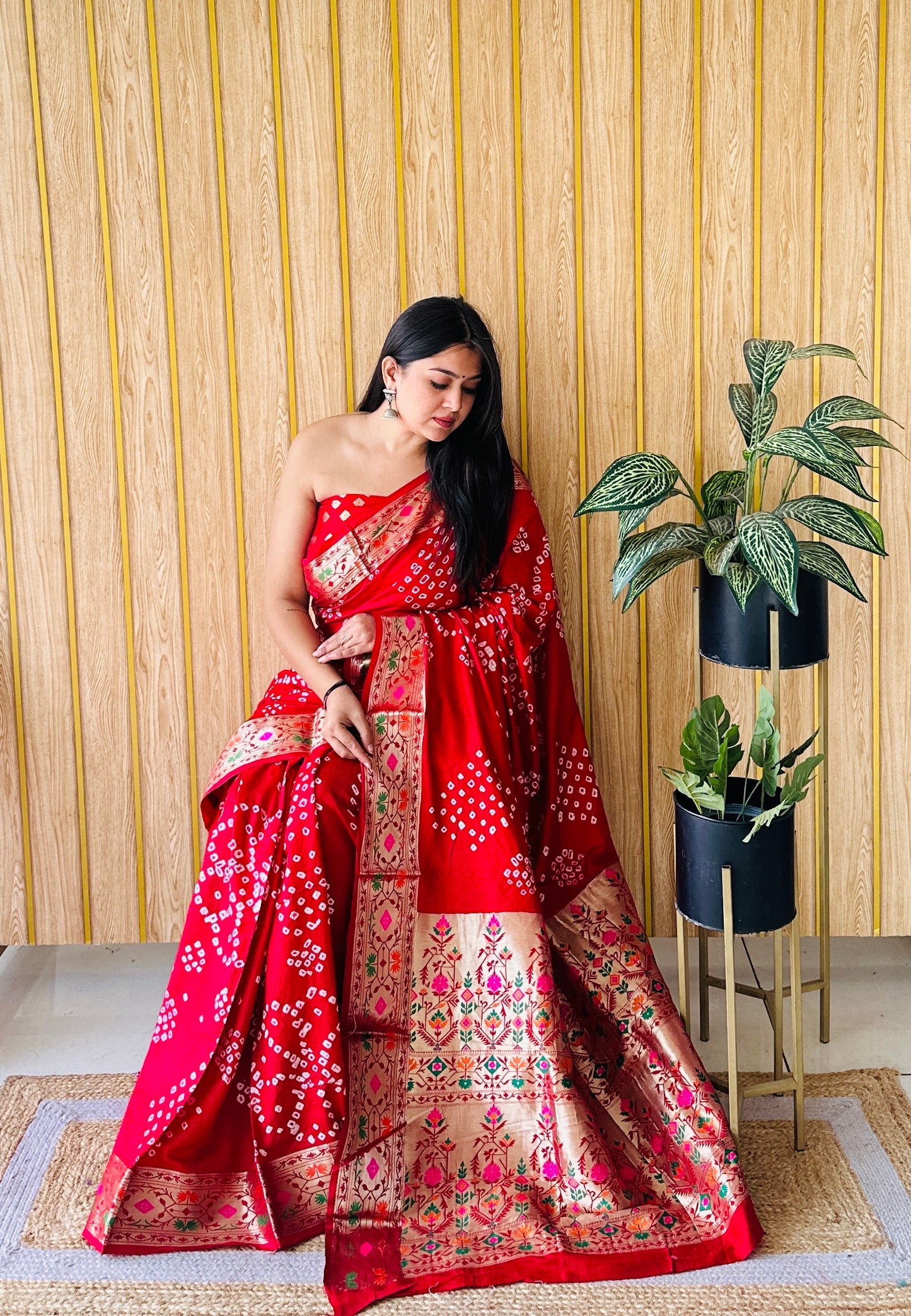 Red Deewani Pure Bandhej Silk Saree With Patola Border With Zari Weaving Paithani Rich Pallu Saree