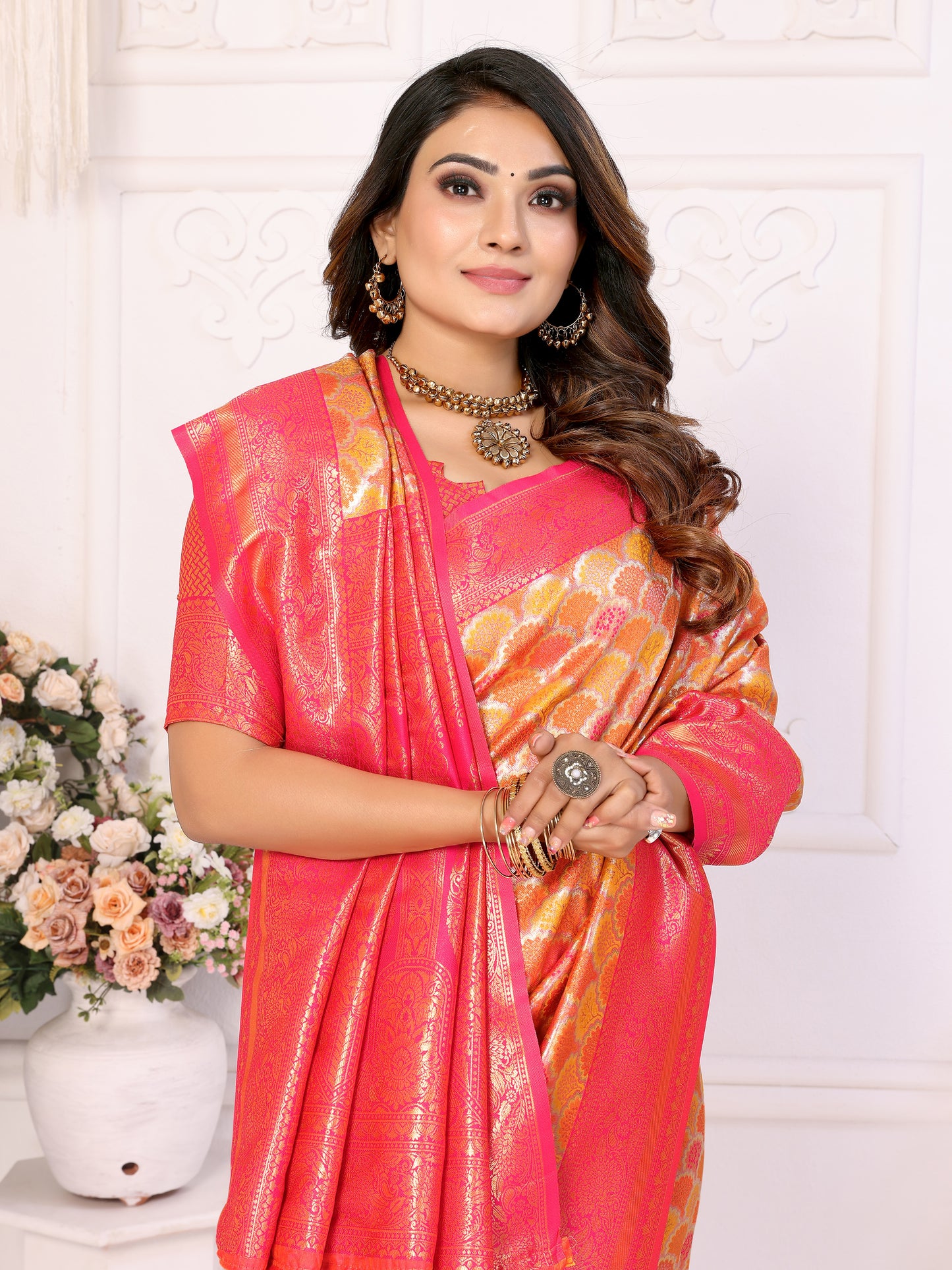 Orange Chaturi-1 Banarasi Chaturi silk saree Jari weaving Border and Weaving rich pallu