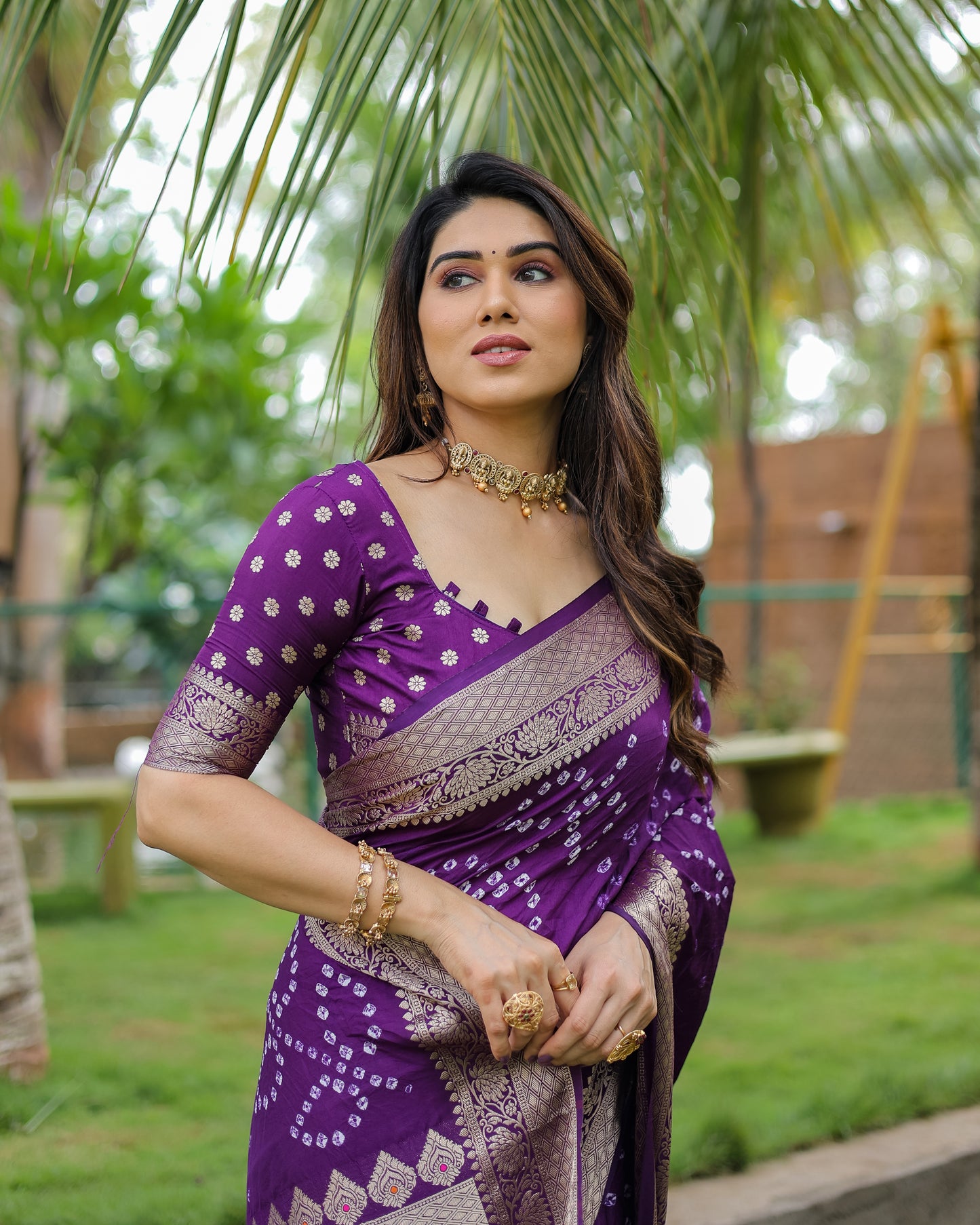 Purple Padmavati Dola Soft Silk Bandhej Saree With All Over Handmade Bandhej With Jari Weaving Border
